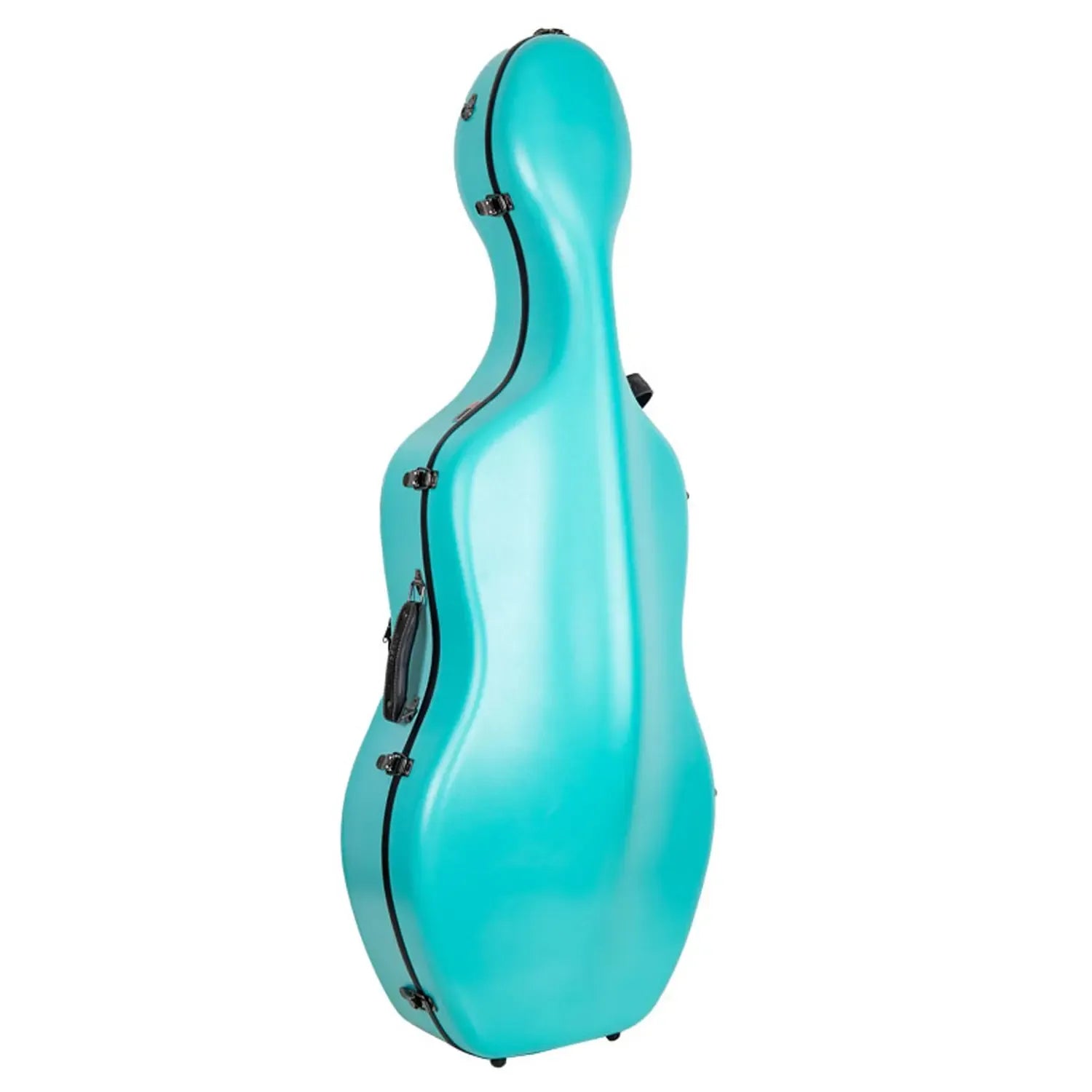 Crossrock CRF4050CEF 4/4 cello case in mint-blue polycarbonate with black trim and handle.