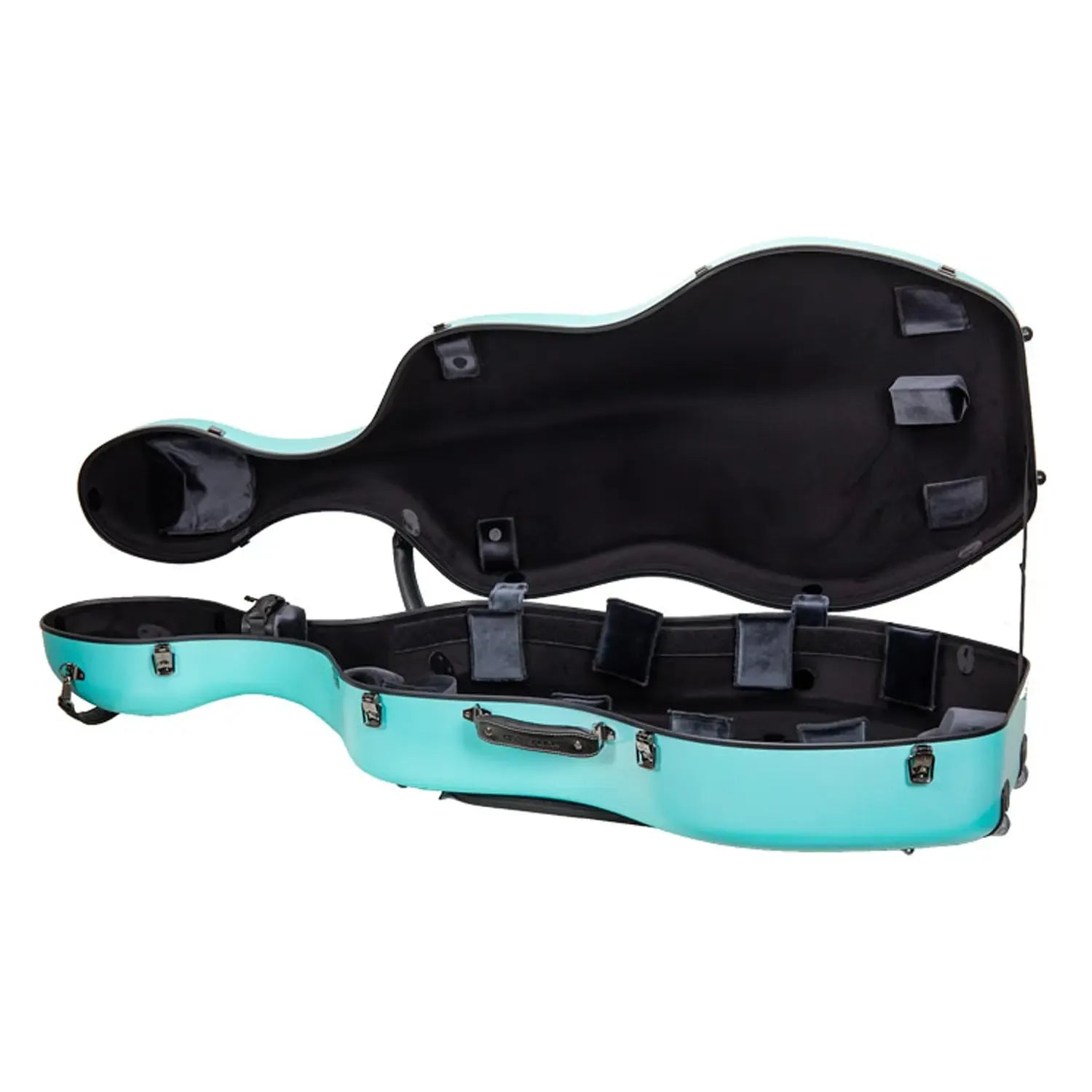 Crossrock CRF4050CEF 4/4 cello case in mint-blue, open to show black velvet interior.
