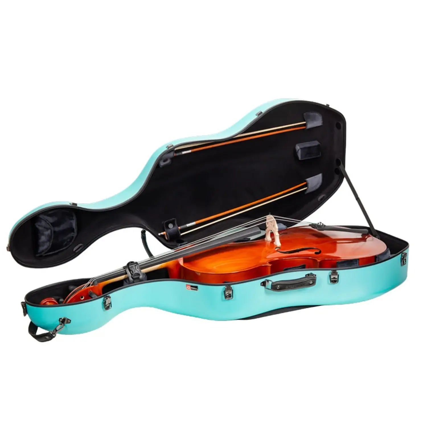 Crossrock CRF4050CEF 4/4 cello case in mint-blue polycarbonate, open with a cello inside.