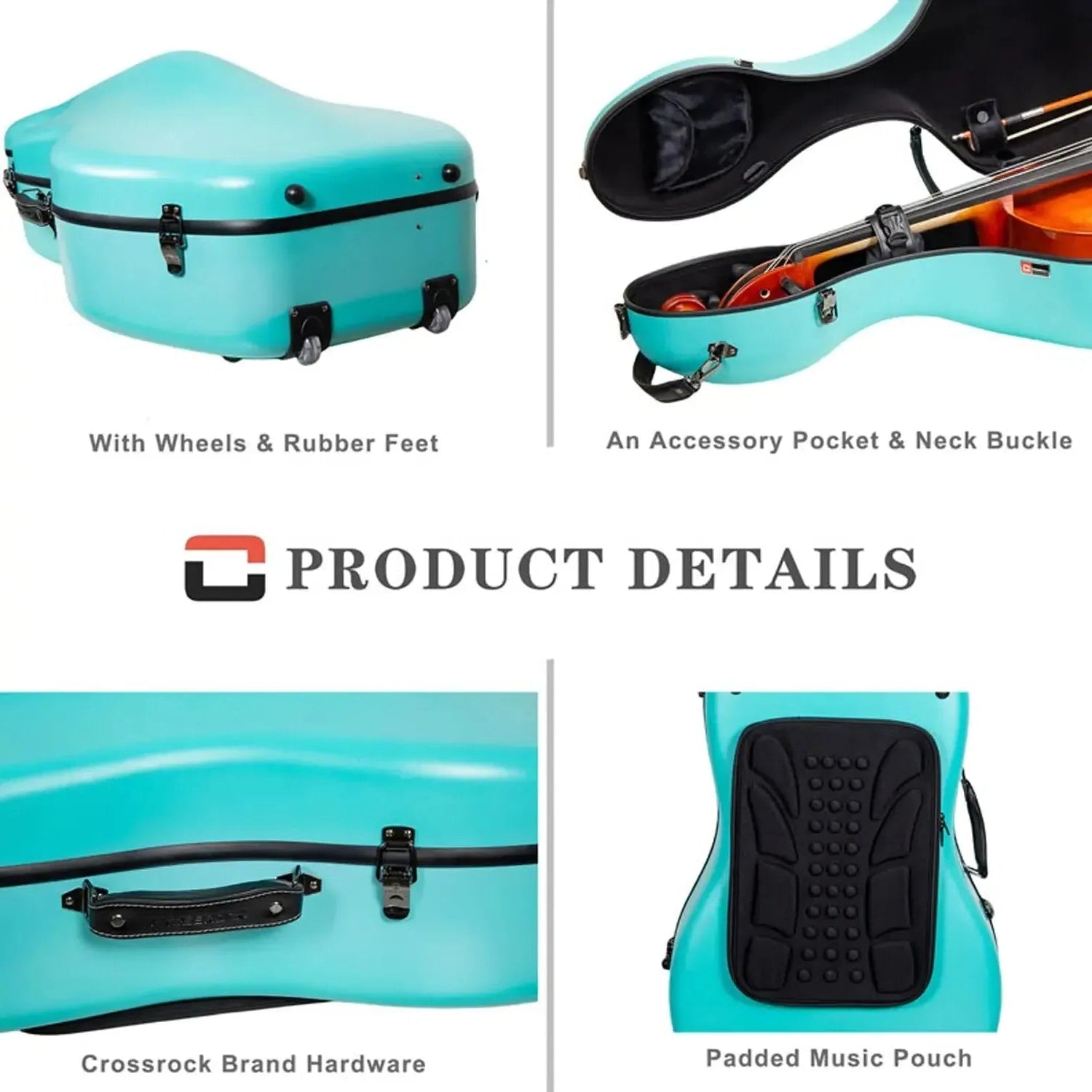 Crossrock CRF4050CEF polycarbonate 4/4 cello case in teal with wheels, accessory pocket, and padded music pouch.