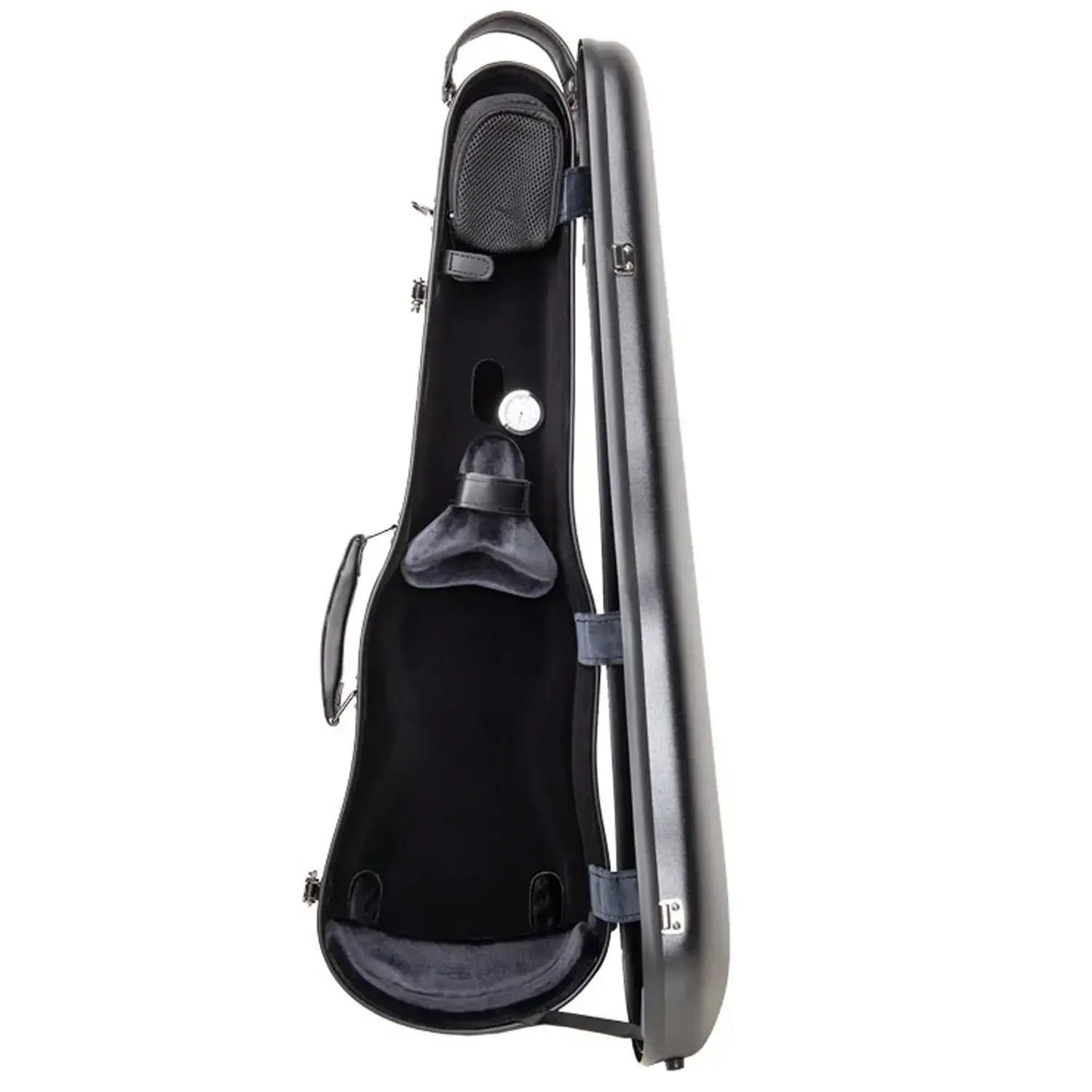 Crossrock CRF4050VF black polycarbonate 4/4 violin case, open with plush interior and hygrometer.