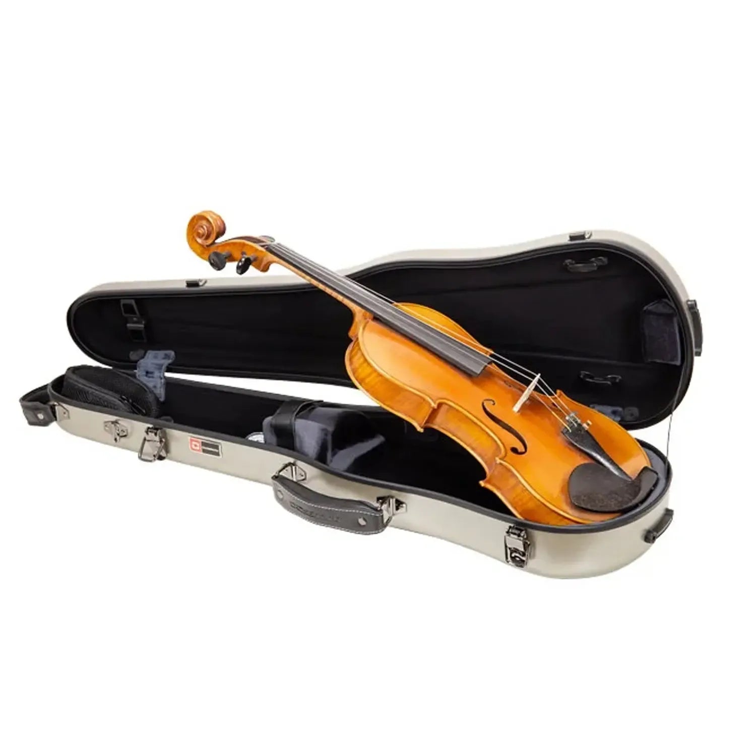 Crossrock CRF4050VF 4/4 violin case in champagne with a violin inside.