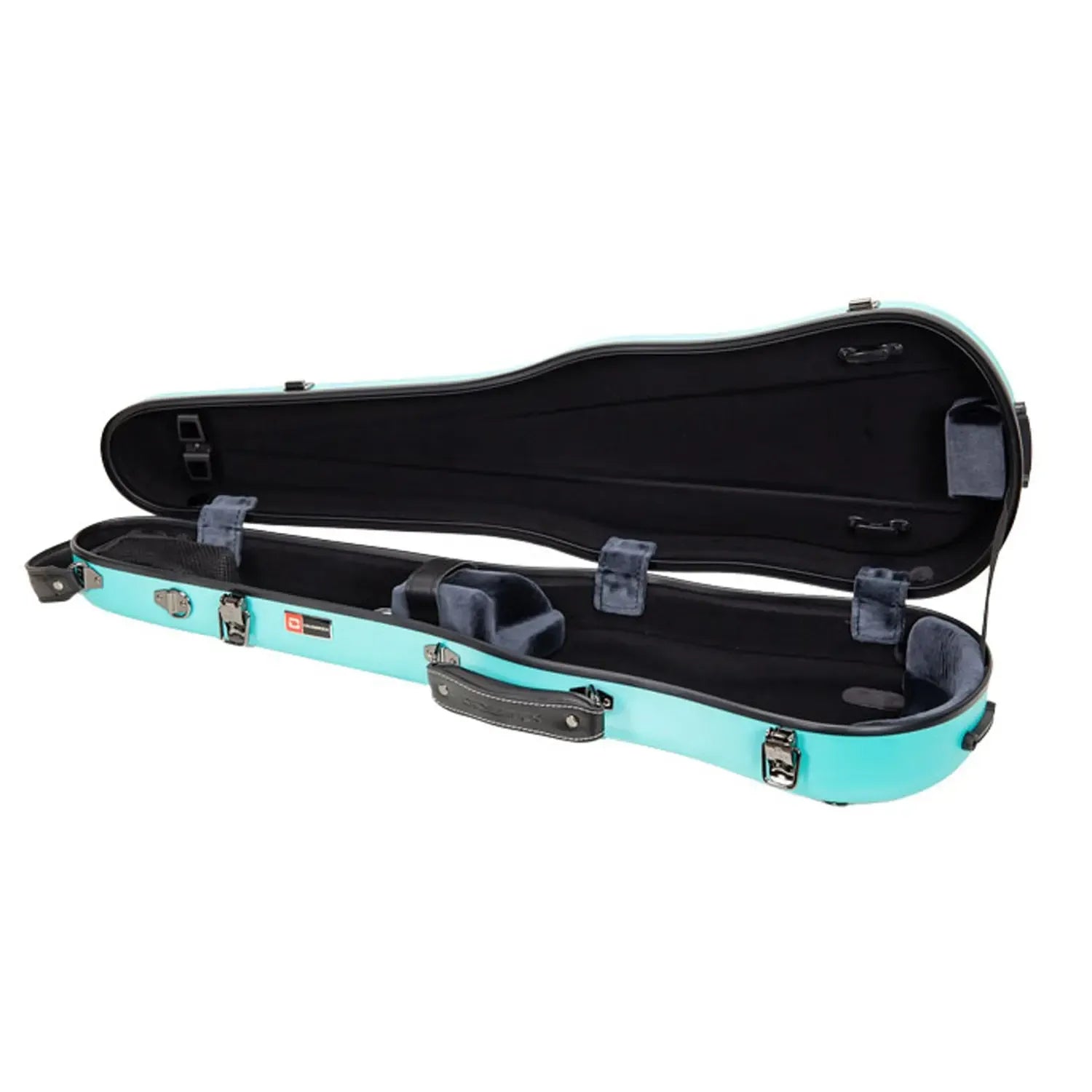 Crossrock CRF4050VF 4/4 violin case, open, showing mint-blue polycarbonate exterior and black interior.