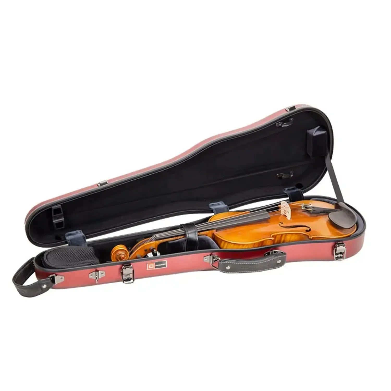 Crossrock CRF4050VF red polycarbonate 4/4 violin case with a violin inside.