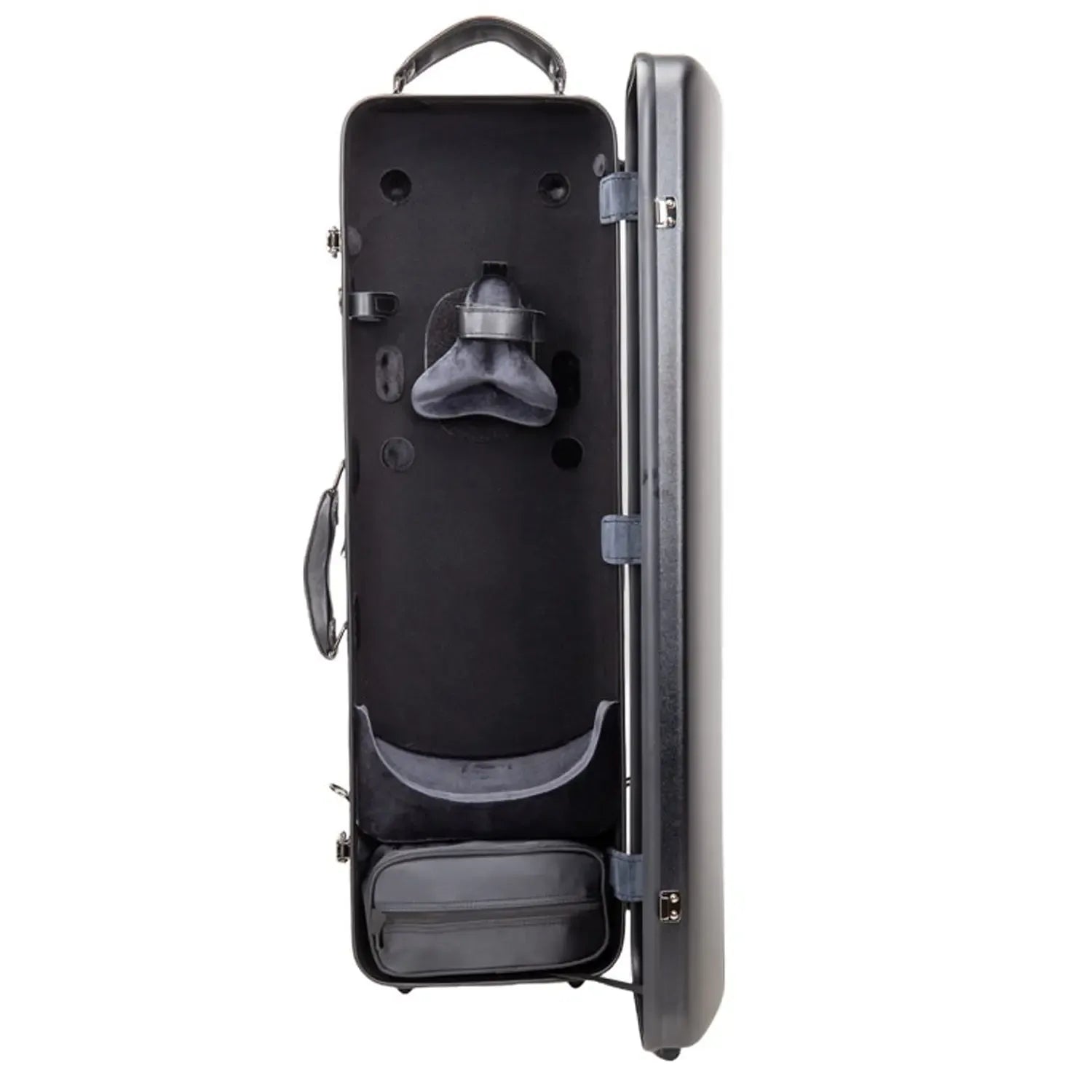 Crossrock CRF4050VF-R black polycarbonate oblong 4/4 violin flight case, open to show interior.