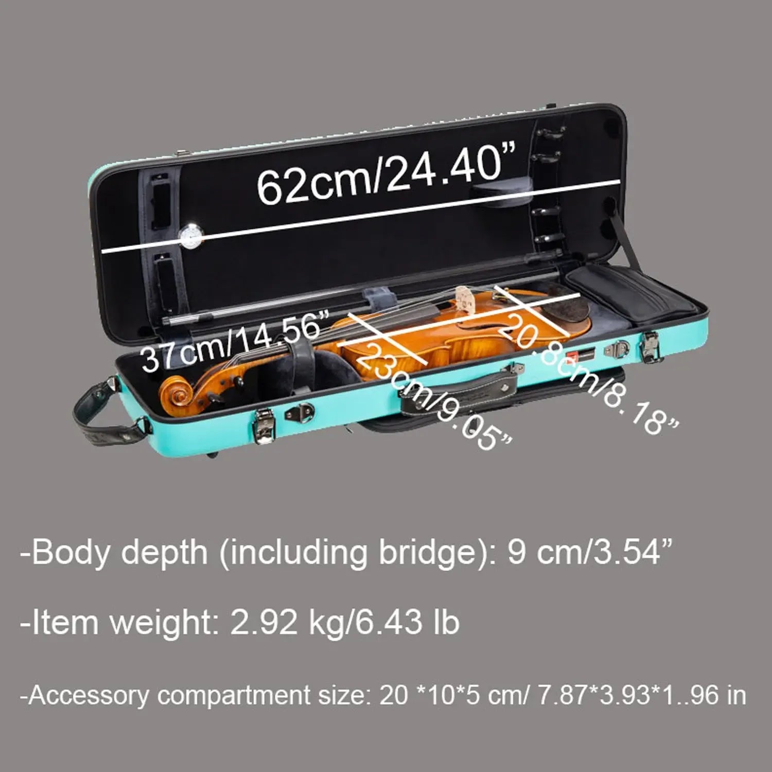 Open Crossrock CRF4050VF-R black polycarbonate oblong 4/4 violin case with a violin inside, showing dimensions.