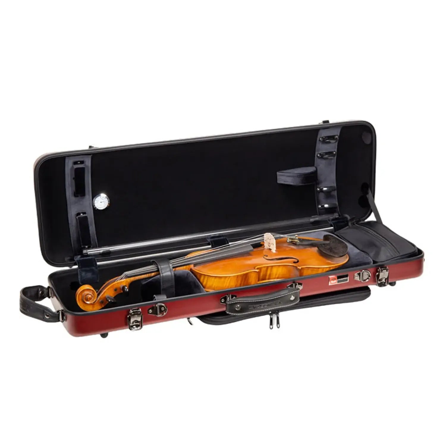 Red Crossrock CRF4050VF-R polycarbonate oblong 4/4 violin case with a violin inside.