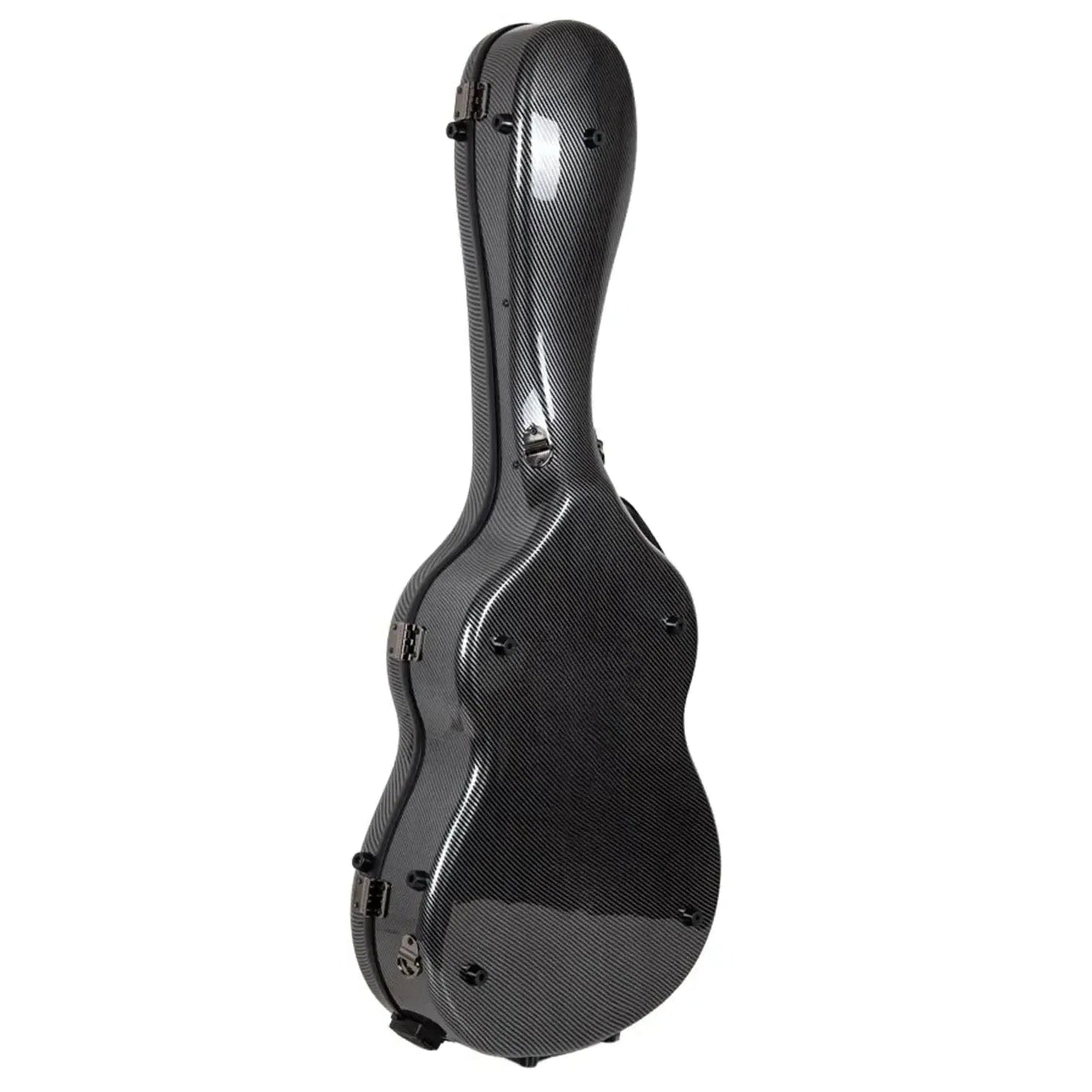 Crossrock CRF5030C ultra-light black fiberglass classical guitar case with carbon fiber texture and metal latches.