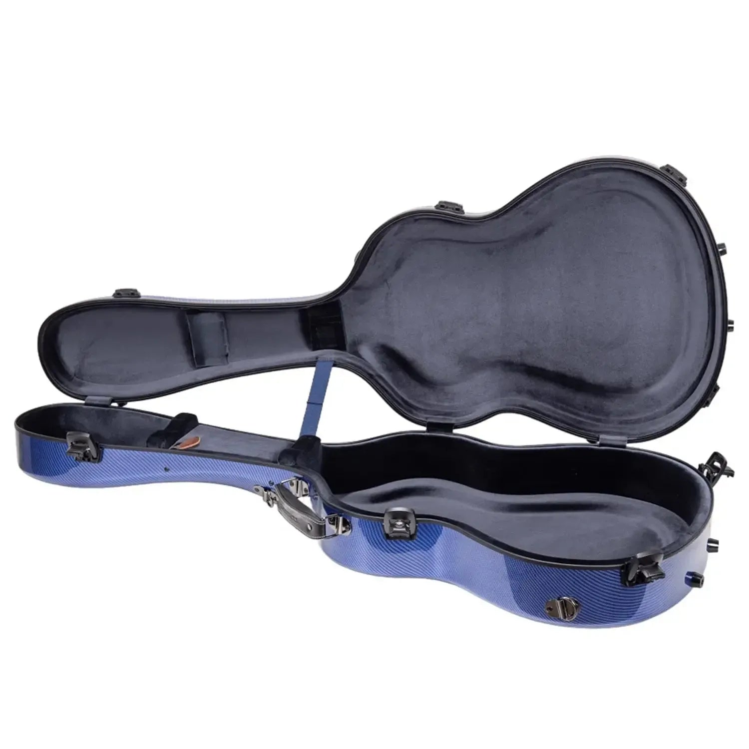 Crossrock CRF5030C ultra-light blue fiberglass flamenco classical guitar case, open.
