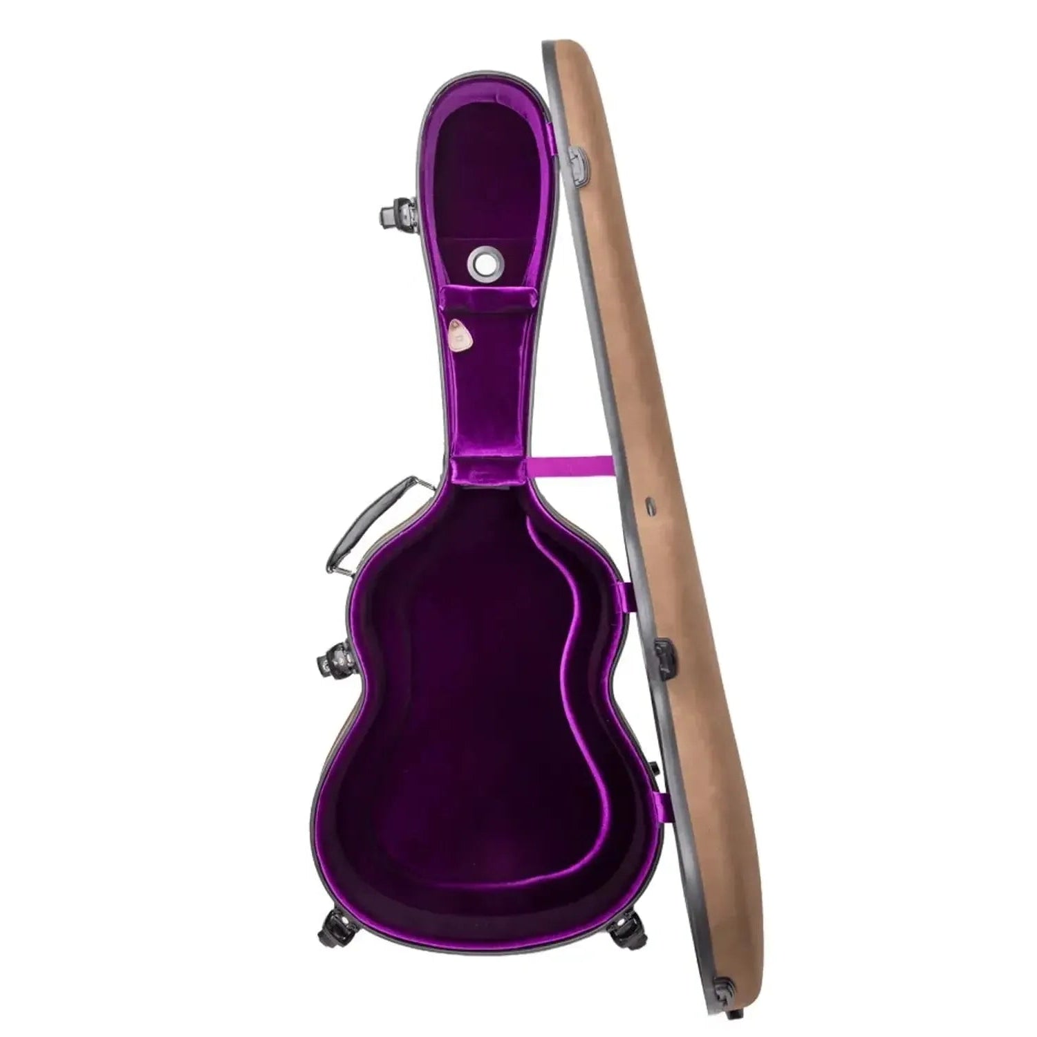 Crossrock CRF5030C Ultra-Light Fiberglass Flamenco Classical Guitar Case with brown leather exterior and purple velvet interior.