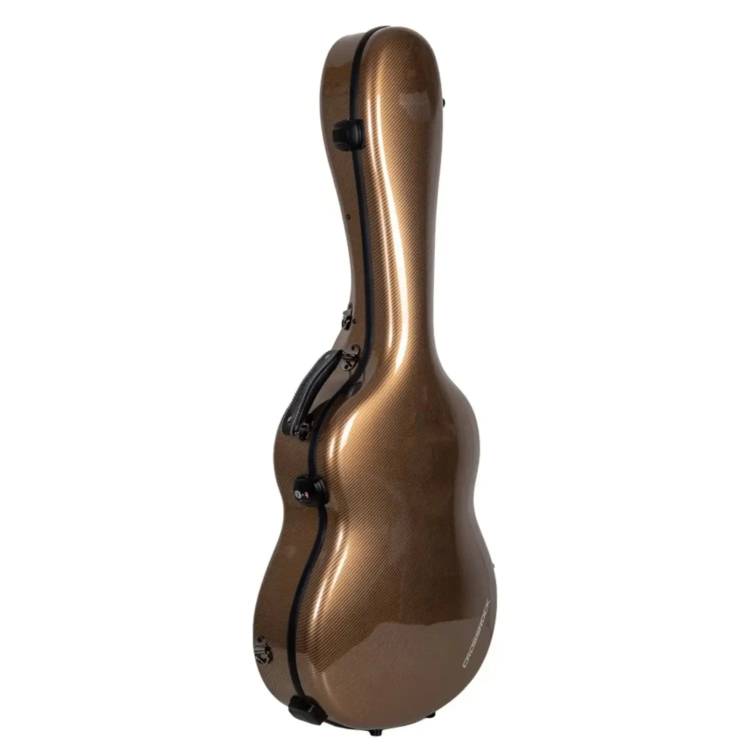 Crossrock CRF5030C ultra-light gold fiberglass classical guitar case with black latches and handle.