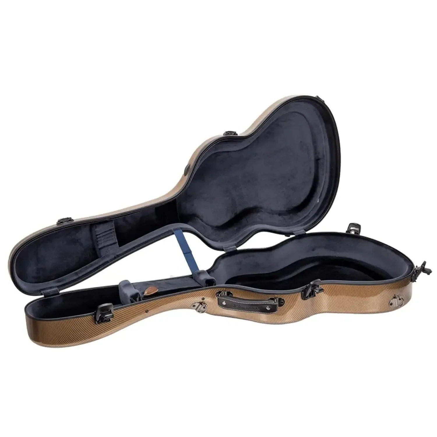 Crossrock CRF5030C ultra-light gold fiberglass classical guitar case, open with dark gray interior.