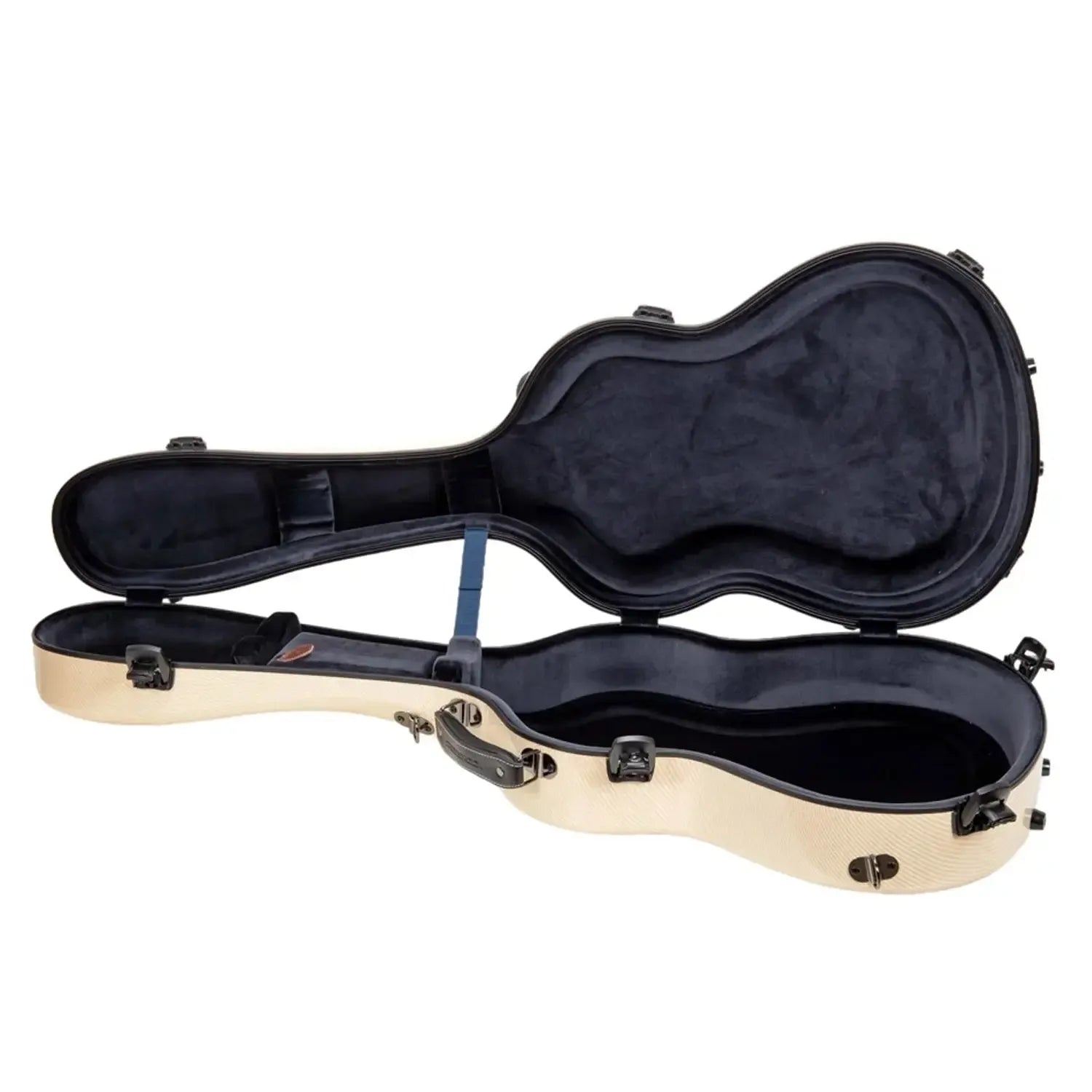 Crossrock CRF5030C ultra-light ivory fiberglass classical guitar case, open with blue velvet interior.
