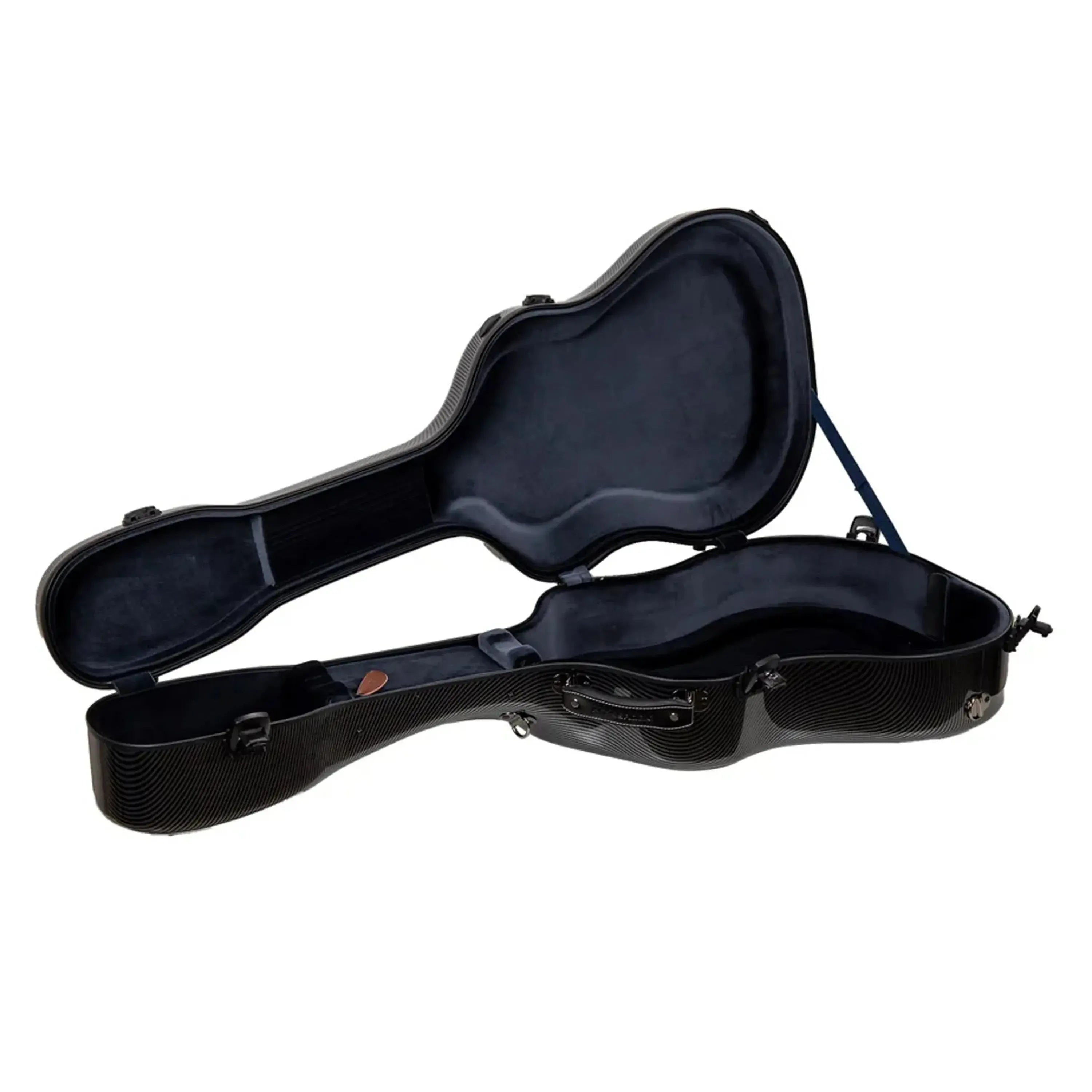 Crossrock CRF5030D ultra-light black fiberglass dreadnought guitar case, open with blue interior lining.