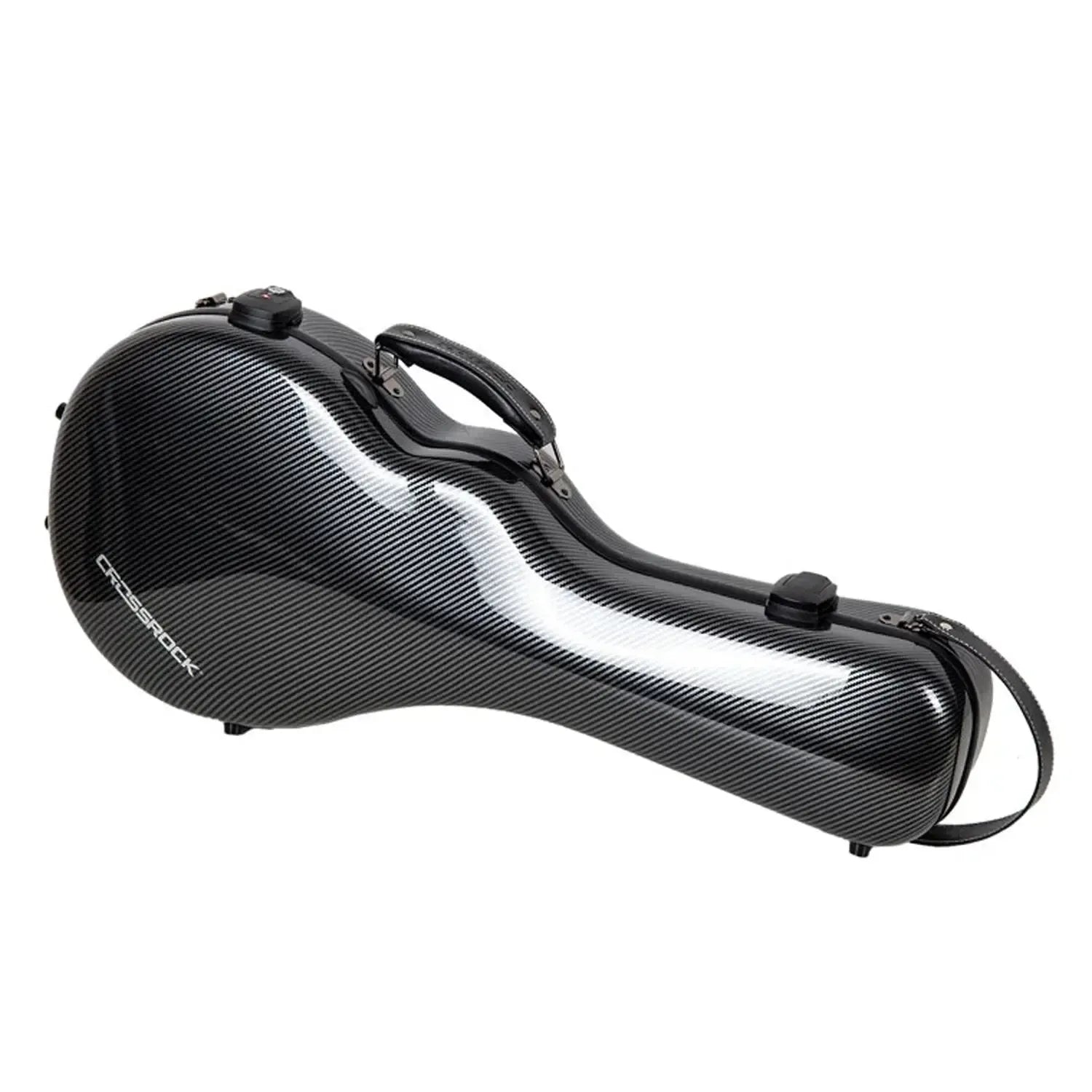 Crossrock CRF5030MF black ultra-light fiberglass F-style mandolin case with handle and TSA lock.