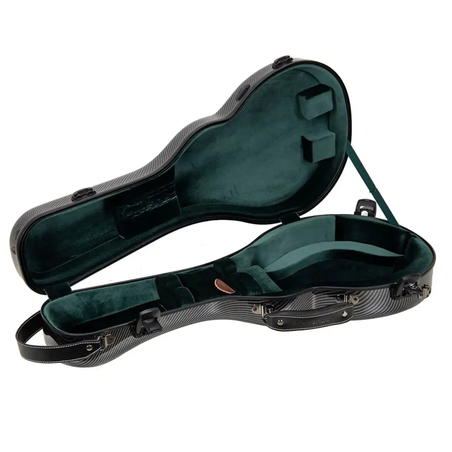 Open Crossrock CRF5030MF black fiberglass F-style mandolin case with dark green interior.