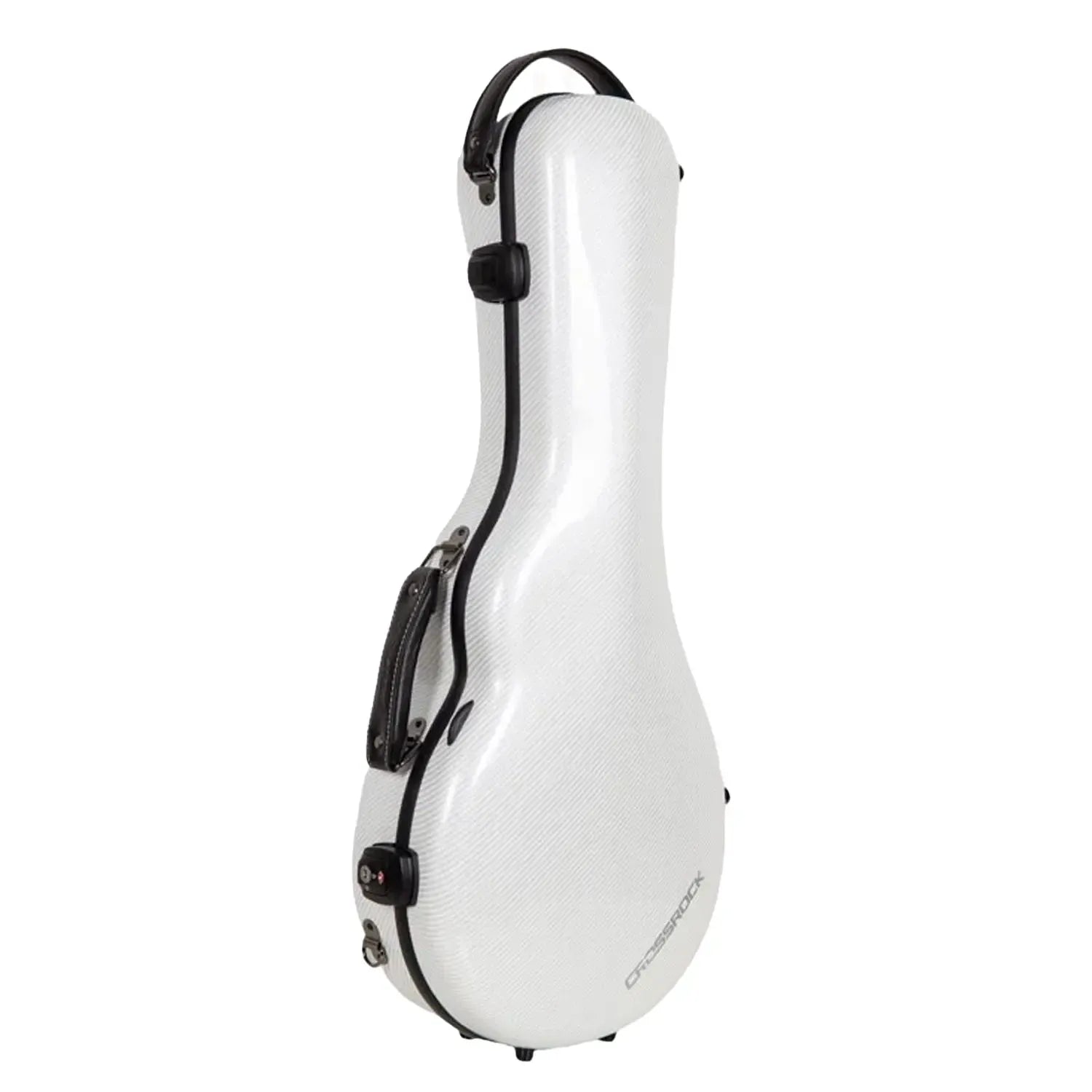 Crossrock CRF5030MF ultra-light white fiberglass F-style mandolin case with black trim and handle.