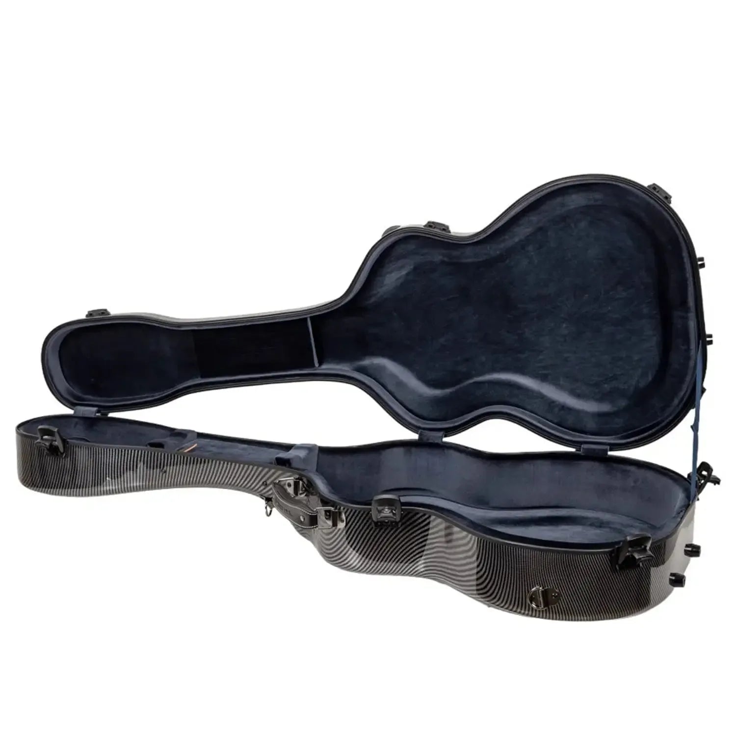 Crossrock CRF5030OM black ultra-light fiberglass OM/000 acoustic guitar case, open with blue interior.