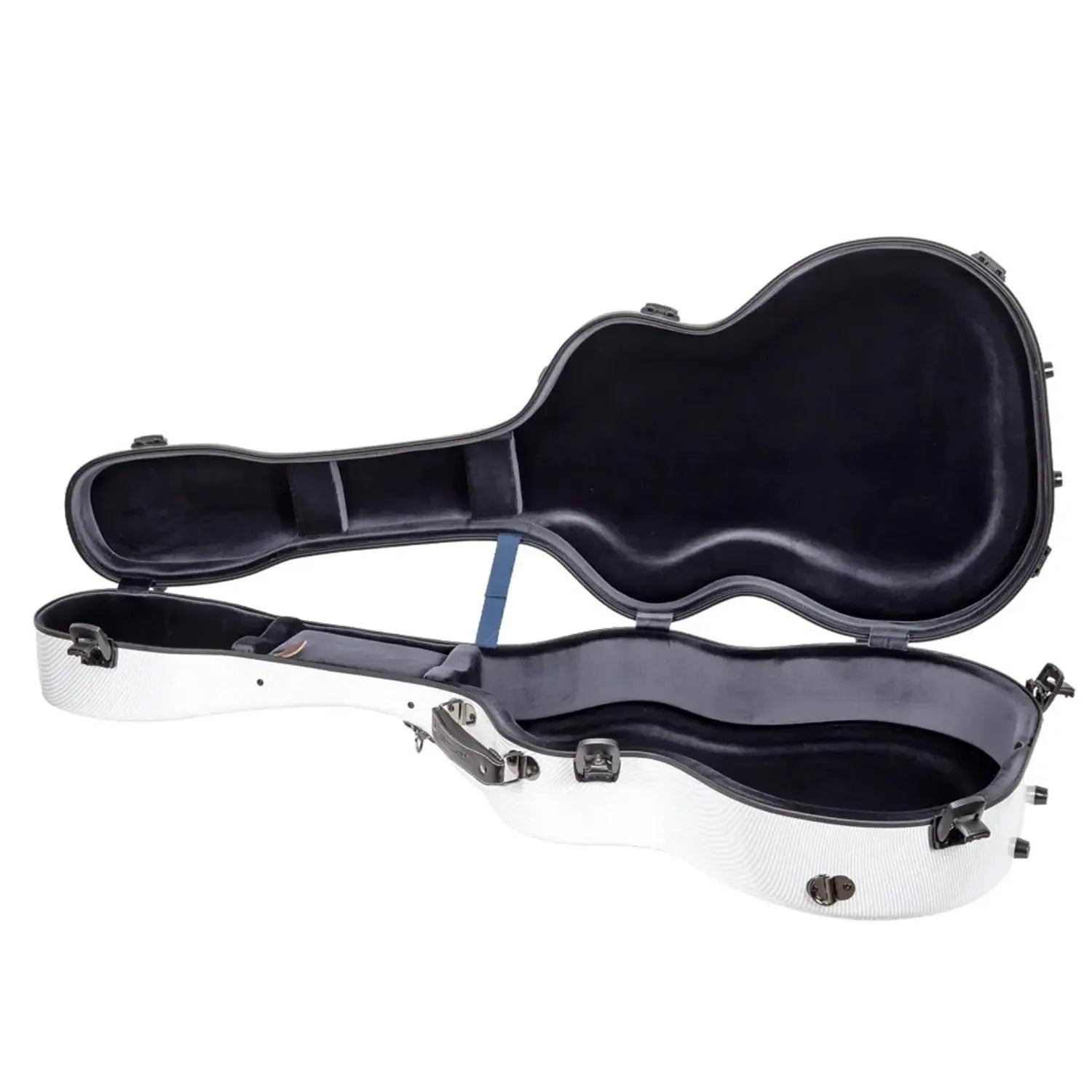 Crossrock CRF5030OM white fiberglass OM/000 acoustic guitar case, open with black velvet interior.