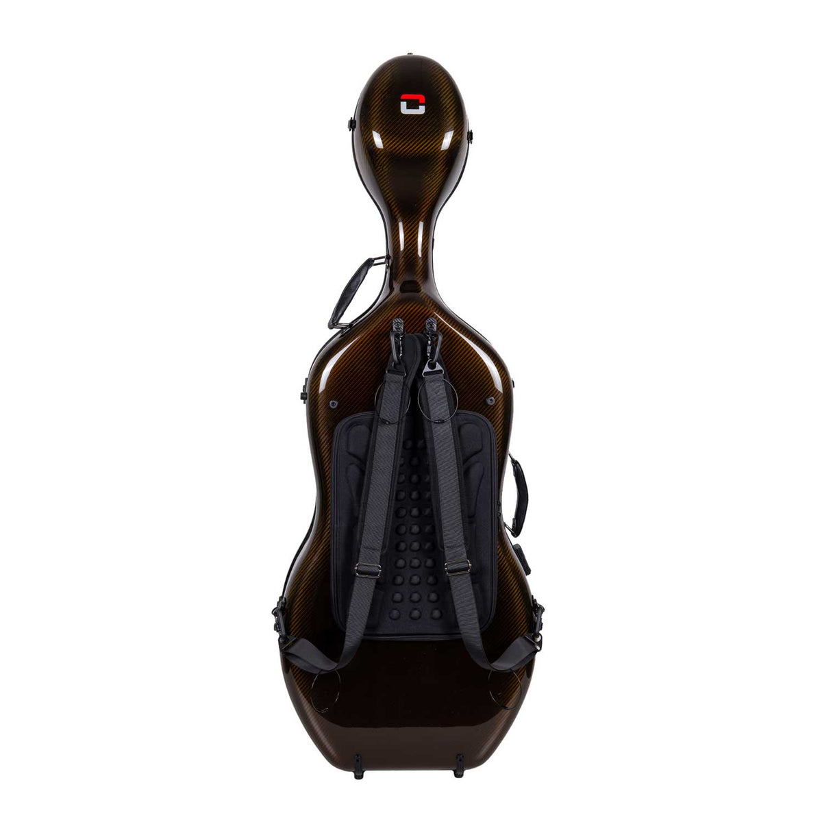 Back of the Crossrock CRF6000CEF gold carbon fiber cello case, showing the padded backpack straps, back panel, and red Crossrock logo.