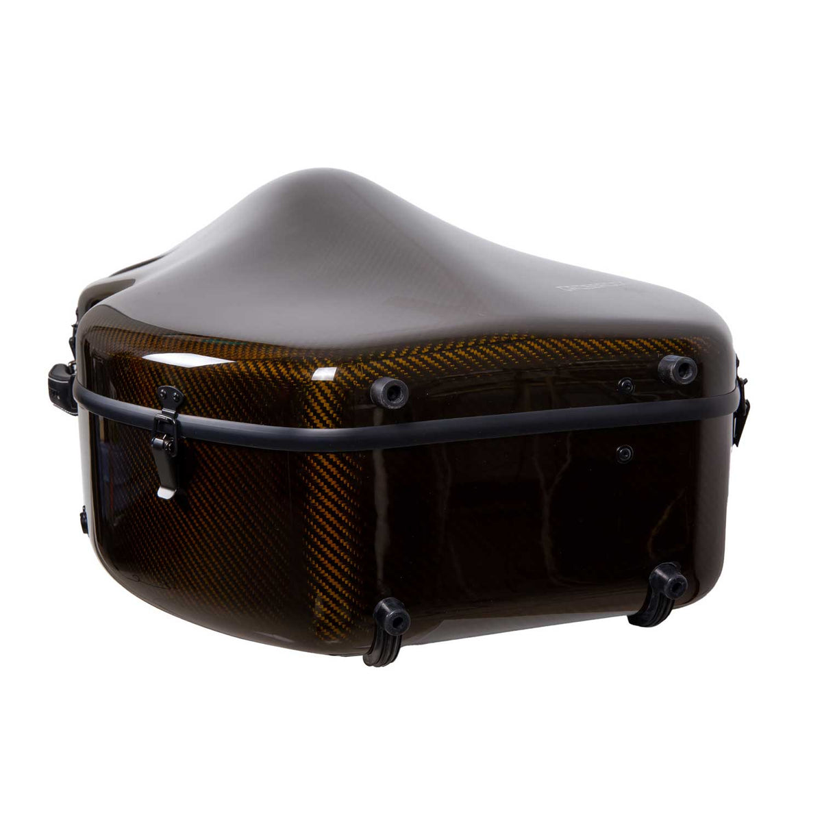 Bottom end of the Crossrock CRF6000CEF gold carbon fiber cello case, showing the rubber feet, rim bumper, and latch.