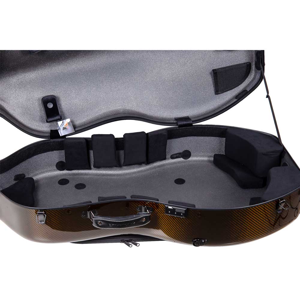Crossrock CRF6000CEF gold cello case open, showing the gray suspension interior, black Magic Pads, leather handle, and combination lock.
