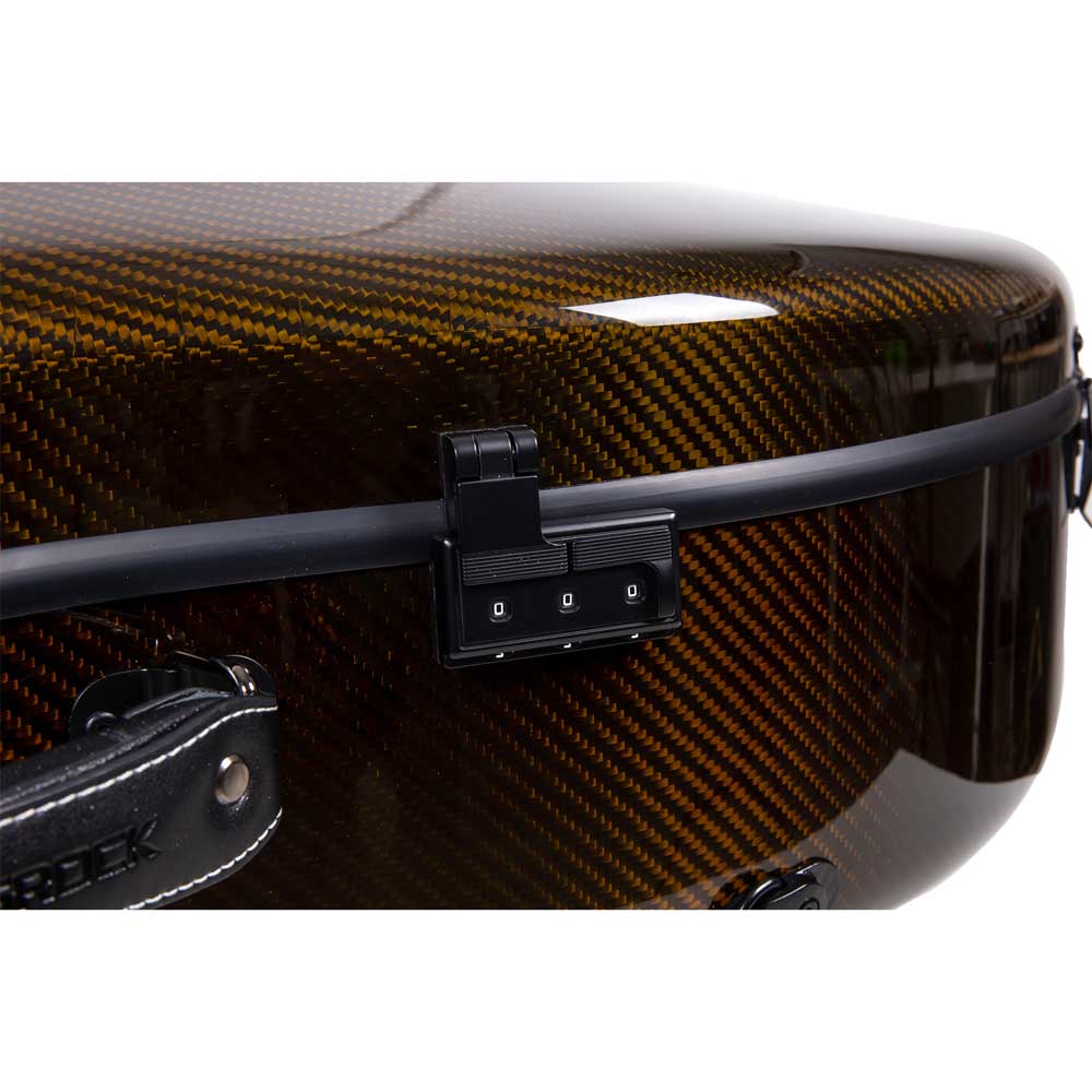 Close-up of the 3-digit metal combination lock and gold carbon fiber weave on the Crossrock CRF6000CEF cello case.
