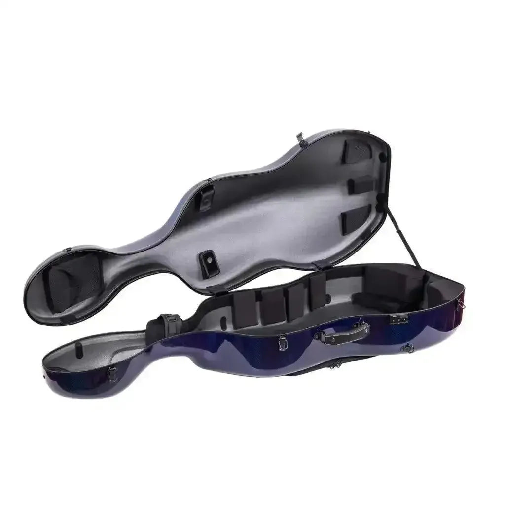 Crossrock Air Carbon 4/4 cello case in blue, open to show interior padding and suspension.
