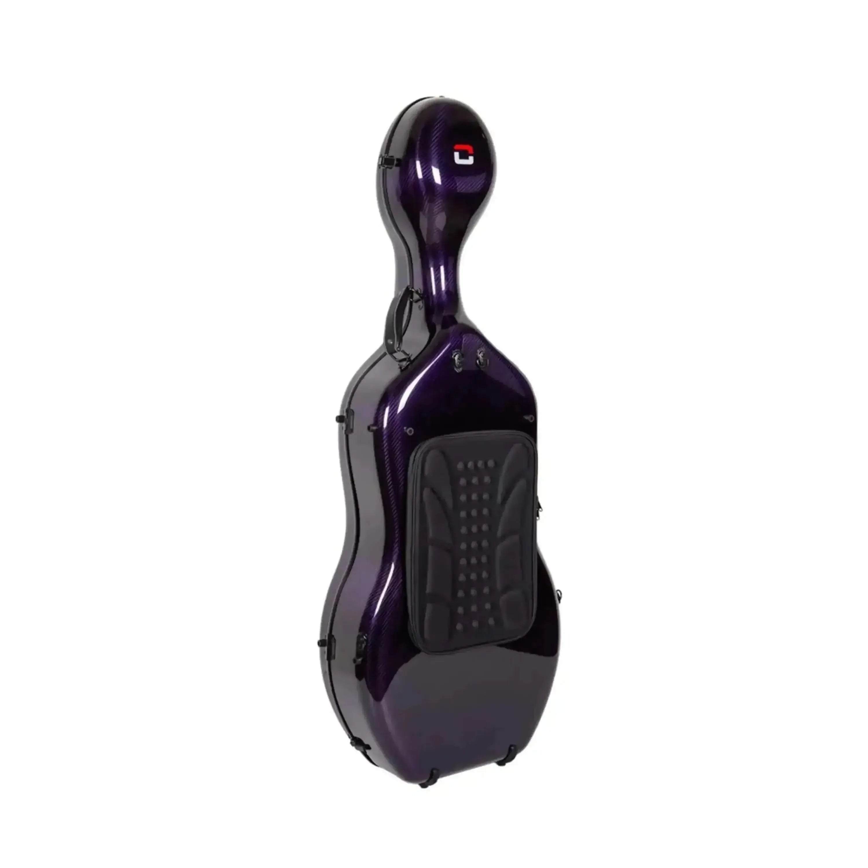 Crossrock CRF6000CEFPU Air Carbon 4/4 cello case in glossy purple with black padding and red logo.