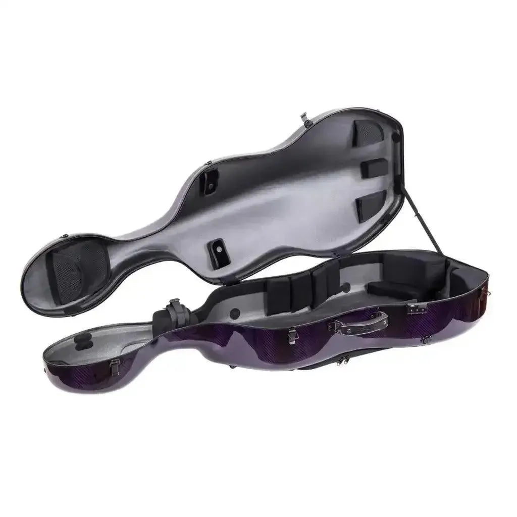 Crossrock Air Carbon 4/4 cello case in purple, open to show its dark interior padding.