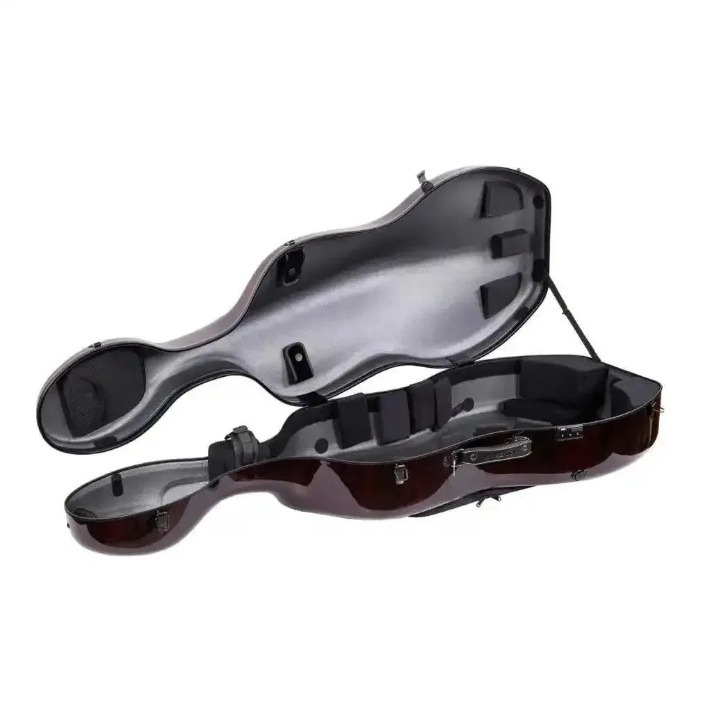 Crossrock CRF6000CEFRD Air Carbon 4/4 Cello Case in glossy red, open to show the interior padding.