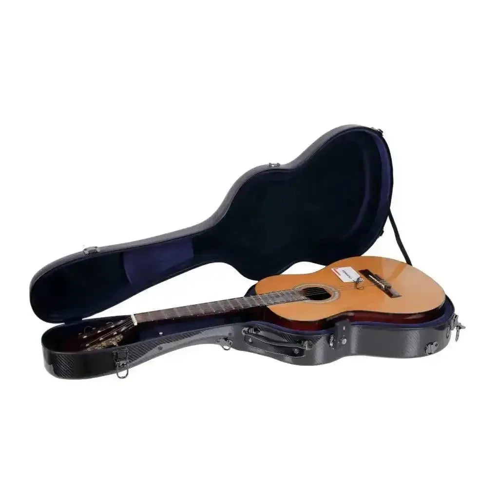 Crossrock CRF6030CBK Air Carbon 4/4 classical guitar case, open with a natural wood classical guitar inside.