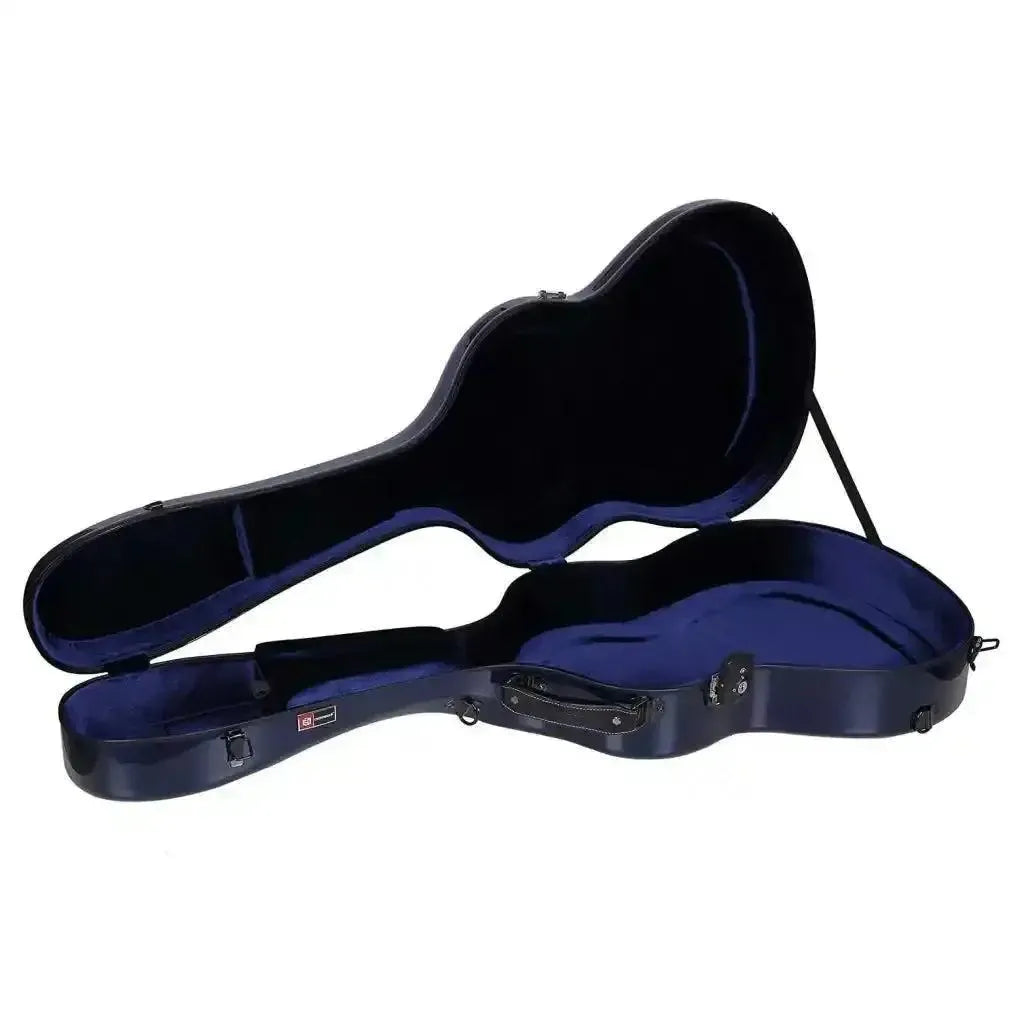 Crossrock Air Carbon 4/4 classical guitar case in blue, open with plush navy interior.
