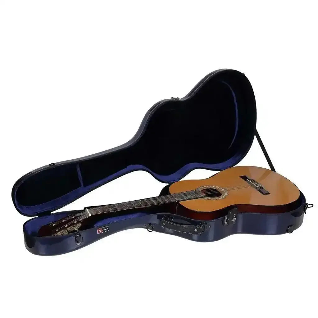 Crossrock CRF6030CBL Air Carbon 4/4 Classical Guitar Case in blue with a guitar inside.