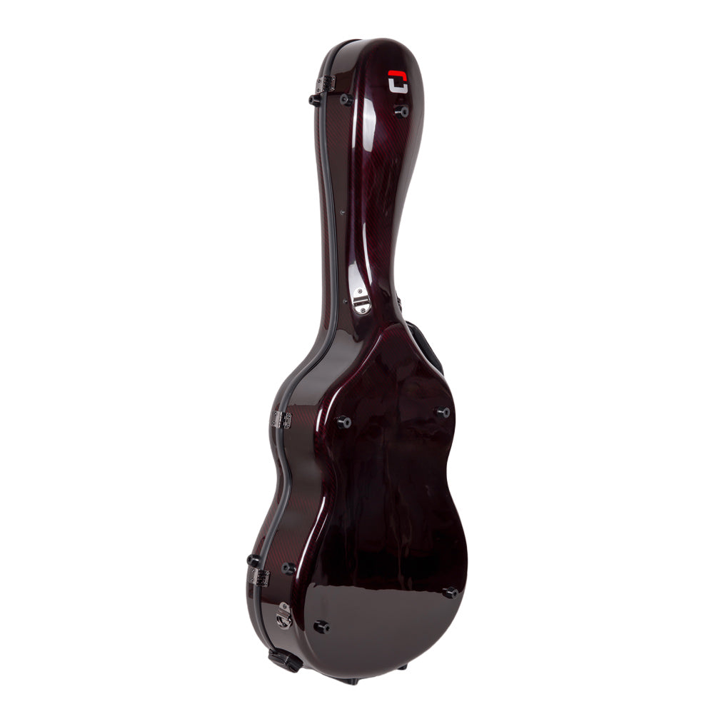 Back of the Crossrock CRF6030CRD red carbon fiber classical guitar case standing upright.