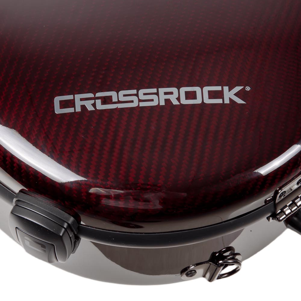 Close-up of the Crossrock logo inlay and red carbon fiber weave on the CRF6030CRD shell.
