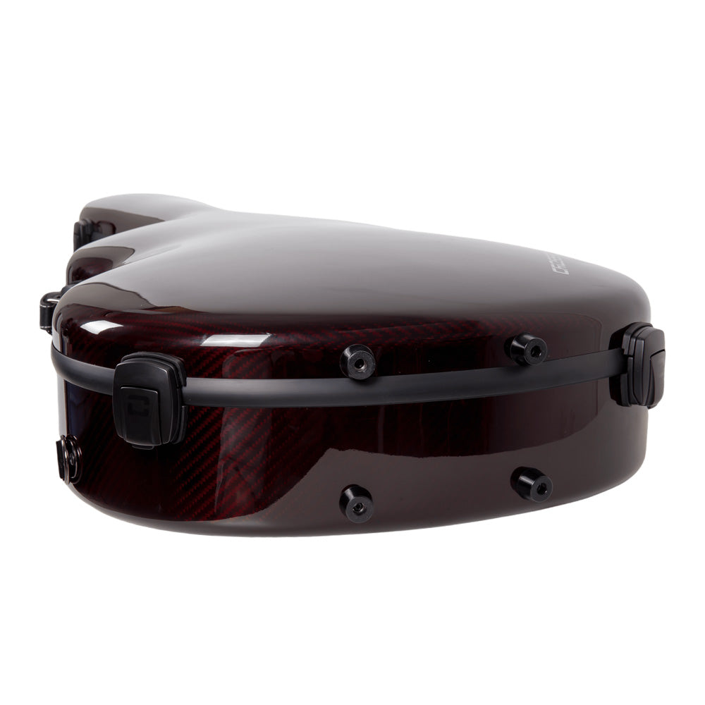 Close-up of the lower bout of the Crossrock CRF6030CRD red case with latches and feet.