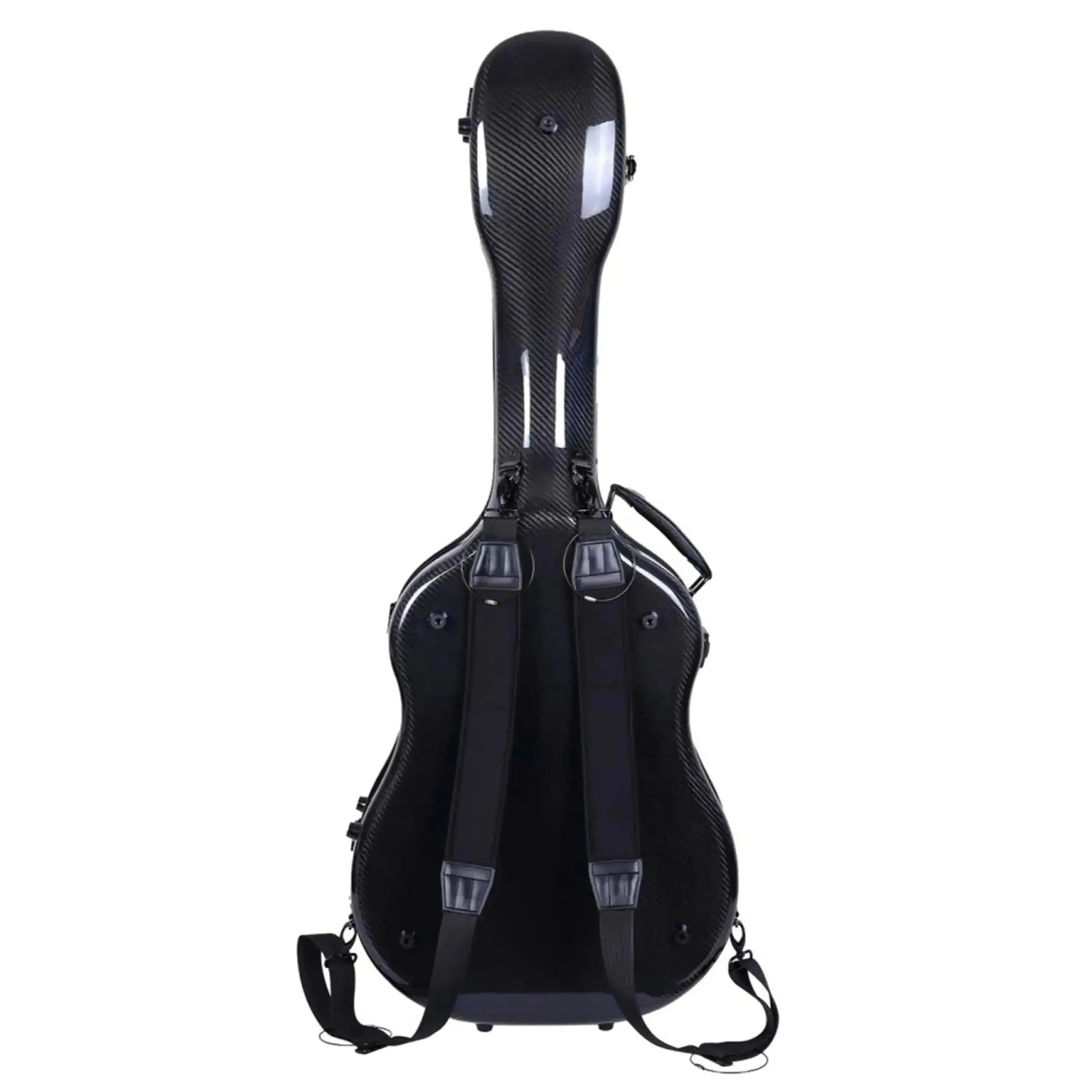 Crossrock Air Carbon Dreadnought Guitar Case in black, showing backpack straps and carbon fiber texture.