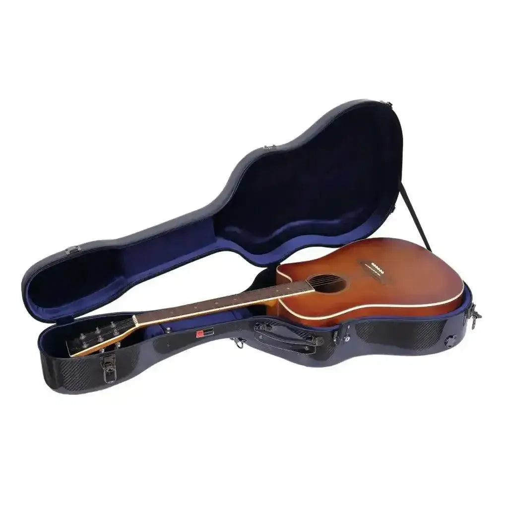 Crossrock Air Carbon Dreadnought Guitar Case in black, open with a brown acoustic guitar inside.