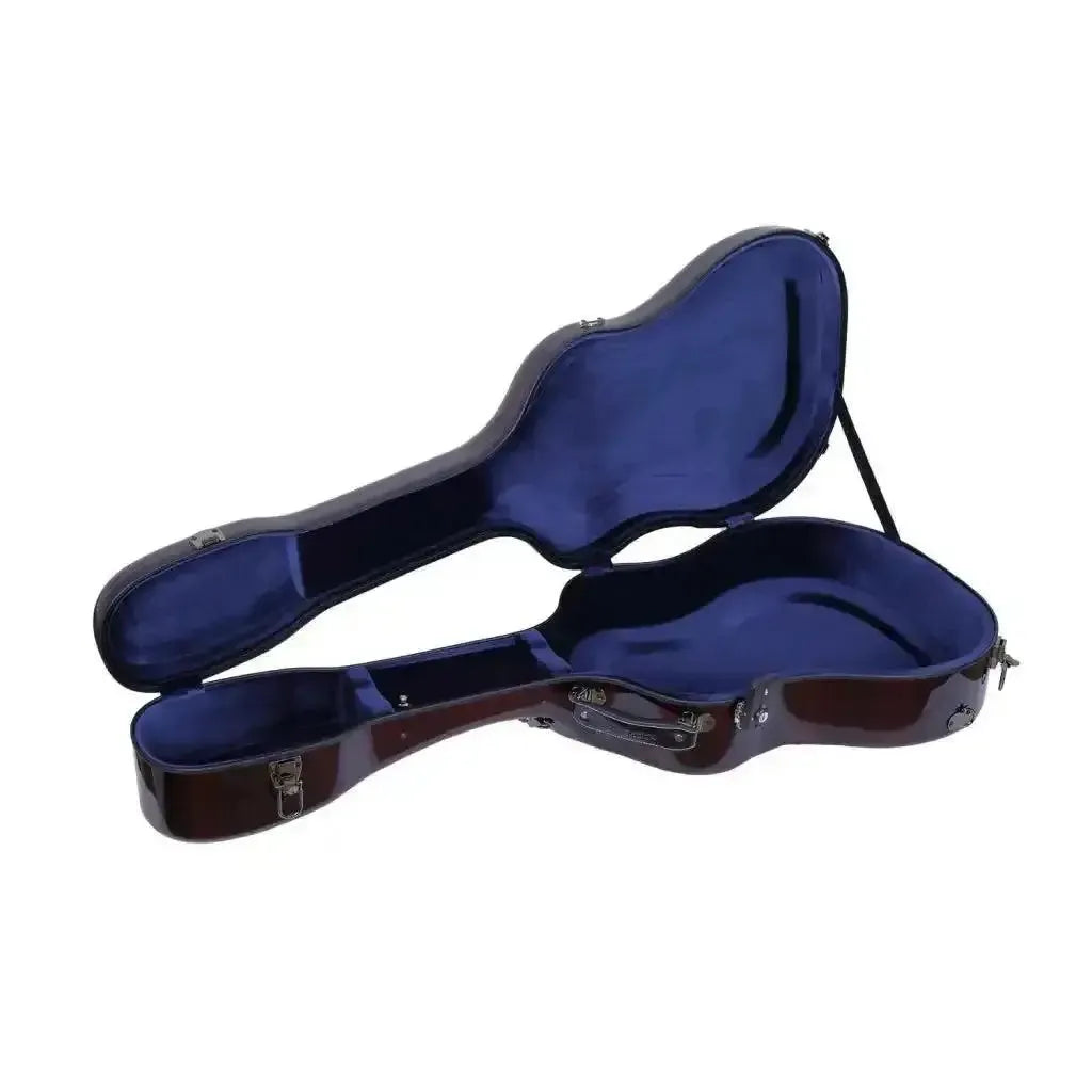 Open Crossrock Air Carbon dreadnought guitar case, dark red exterior, and plush blue interior.