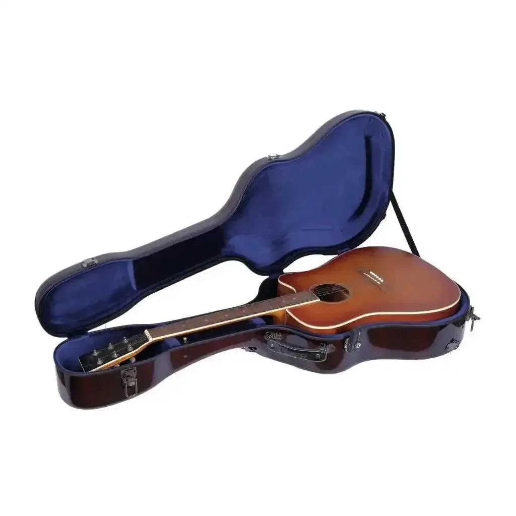 Crossrock Air Carbon Dreadnought Guitar Case in red, open with a brown acoustic guitar inside.
