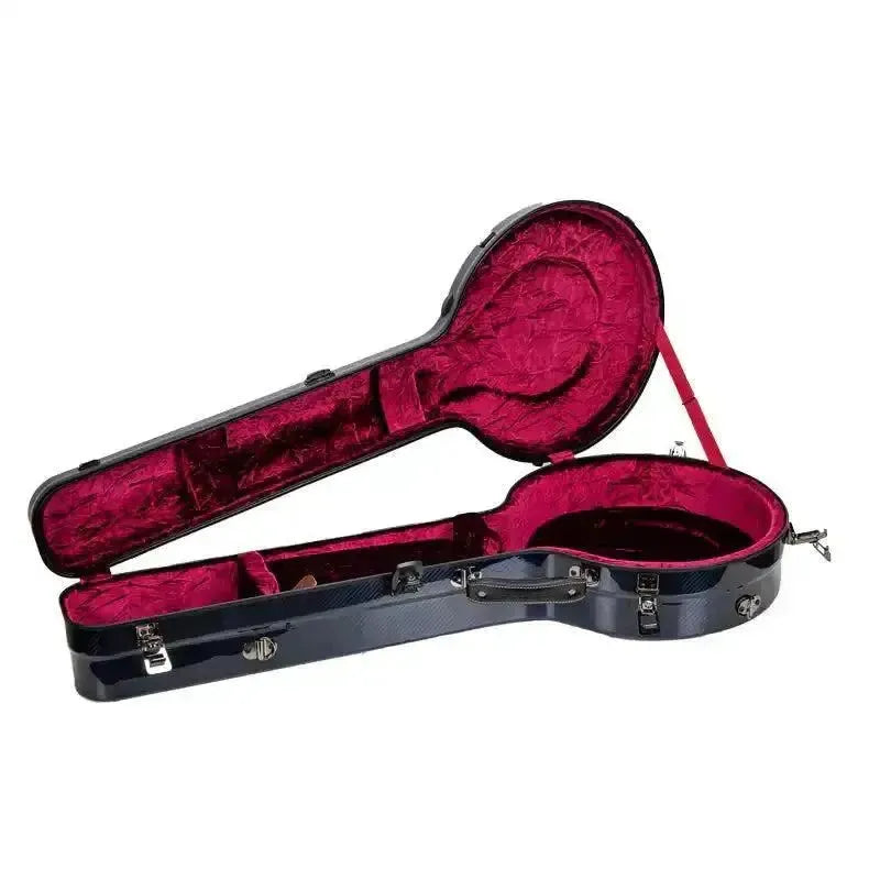 Open Crossrock blue carbon fiber resonator banjo case with plush red interior.