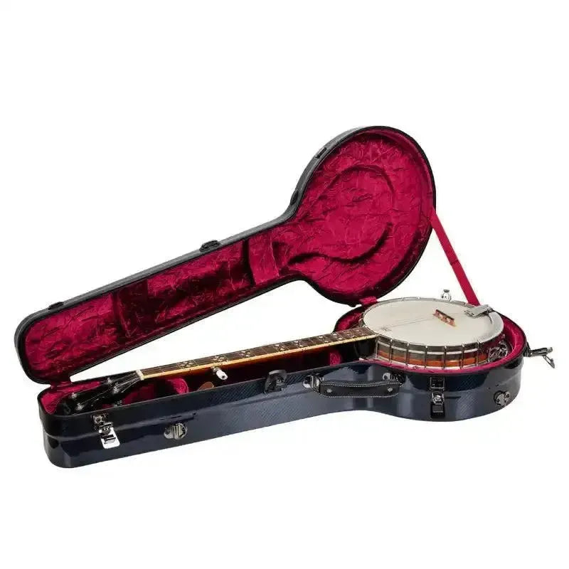 Crossrock blue carbon fiber resonator banjo case with red velvet interior, open with banjo inside.