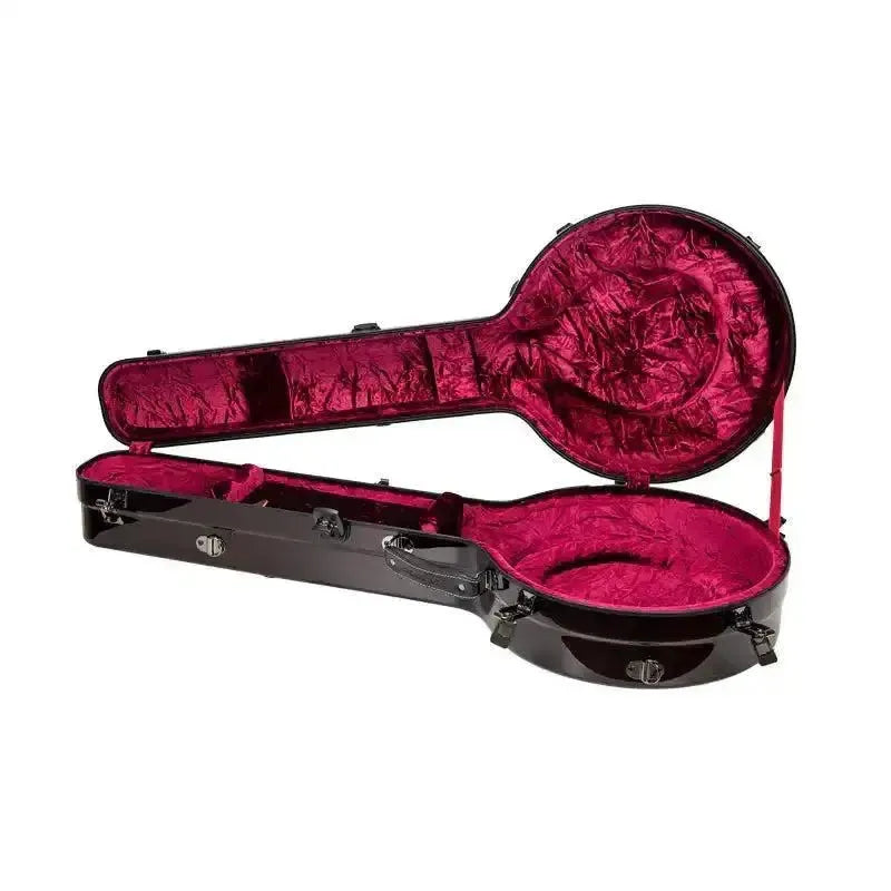 Open Crossrock Air Carbon Banjo Case in glossy red with plush red interior.