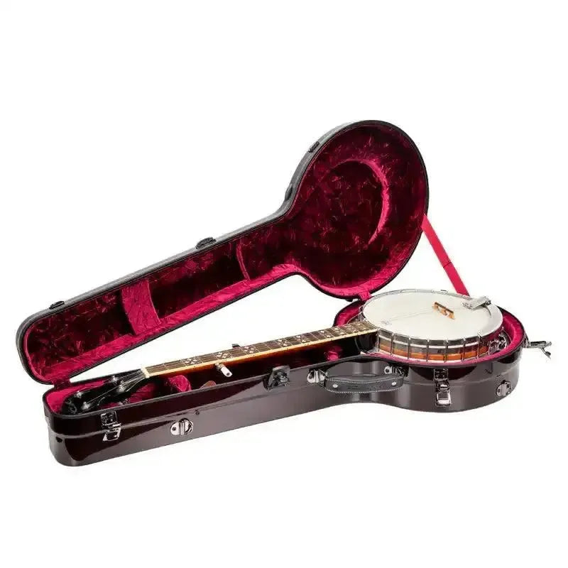 Crossrock Air Carbon Resonator Banjo Case in red with a banjo inside, open to reveal plush interior.