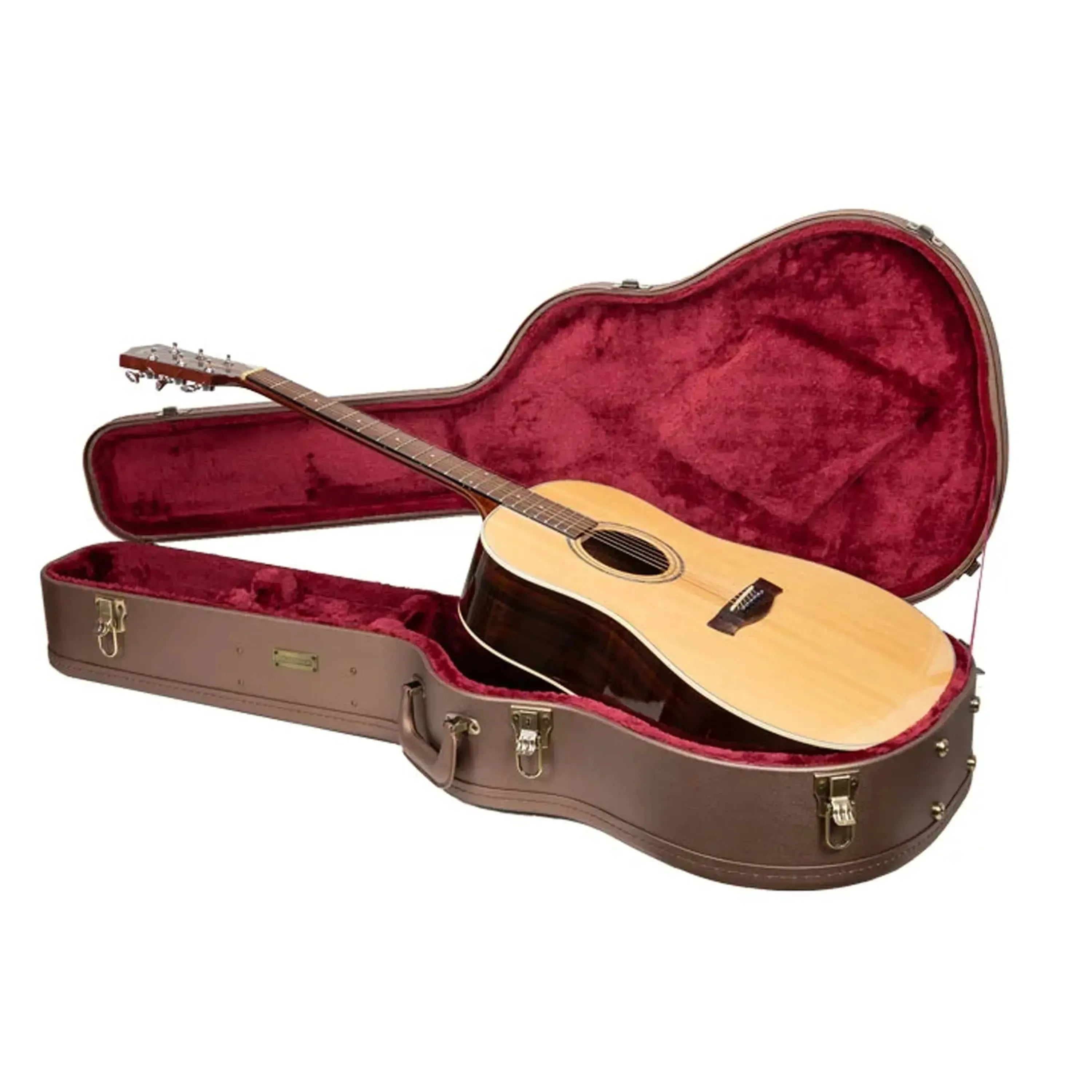 Crossrock CRW520D chocolate-brown jumbo dreadnought guitar case with red velvet interior and acoustic guitar.