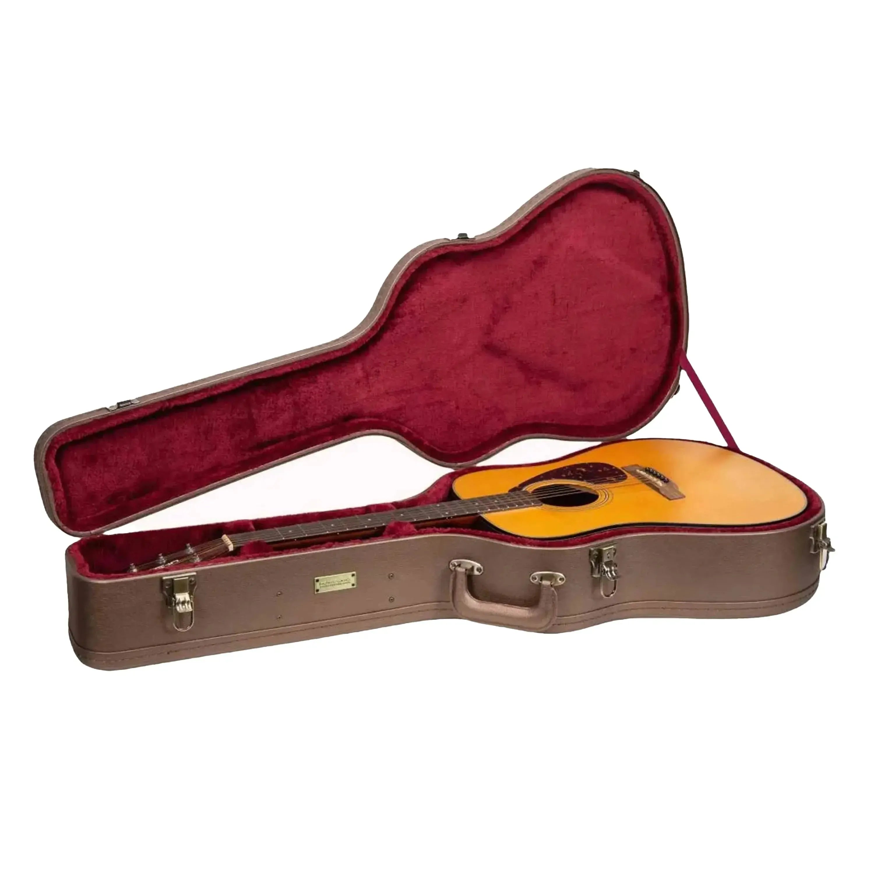 Crossrock CRW520D28 Designer Series Dreadnought Guitar Case in brown with a red velvet interior, holding an acoustic guitar.