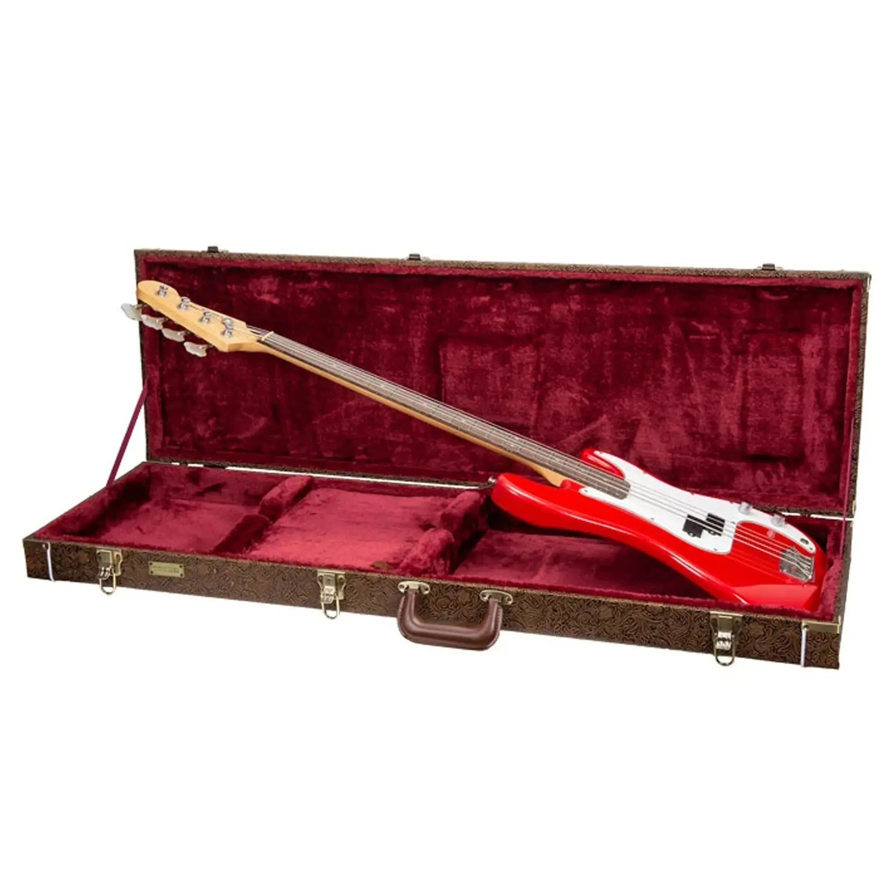Crossrock CRW530B Blossom Brown bass case with a red electric bass guitar inside.