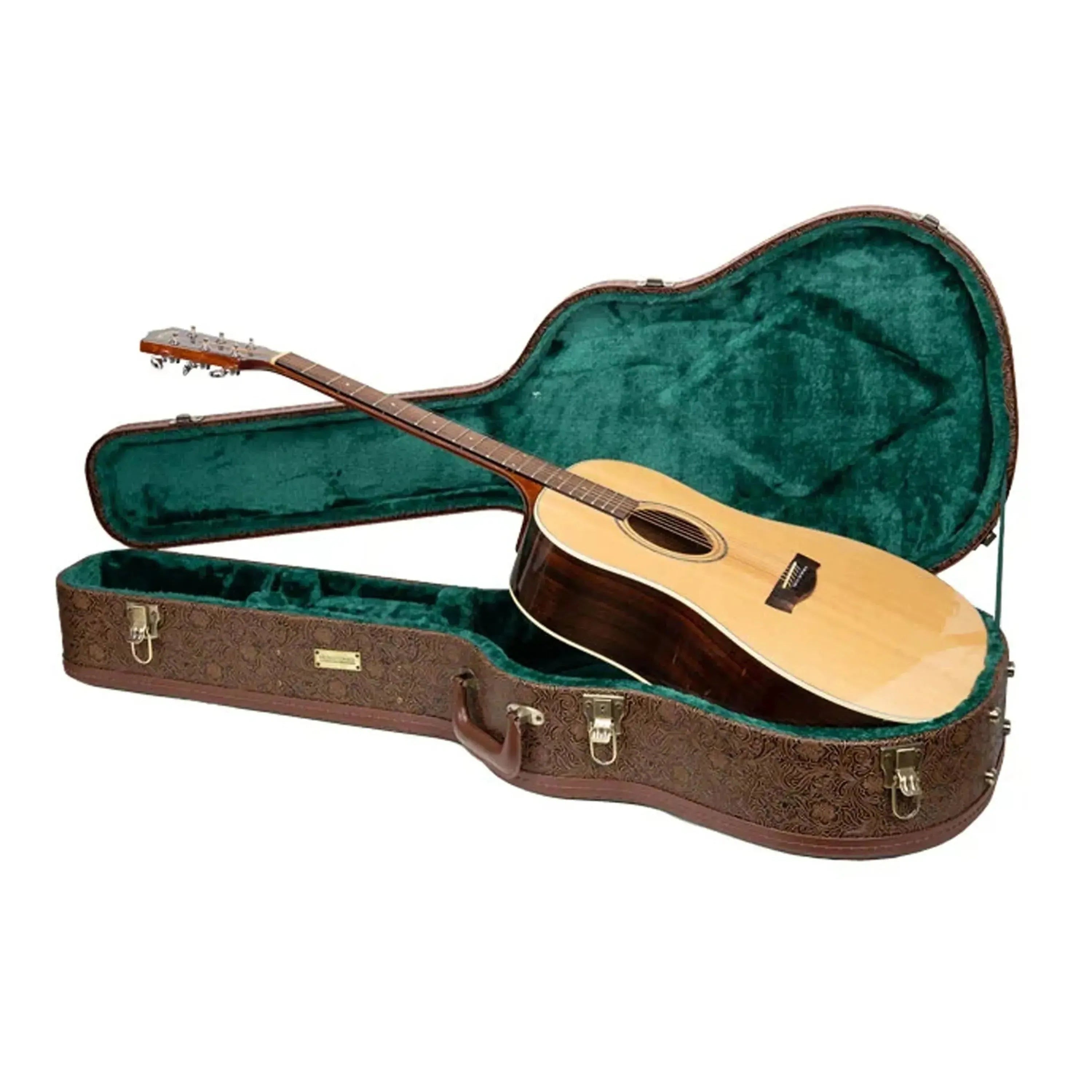 Crossrock CRW530D vintage flora jumbo dreadnought guitar case with green velvet interior and acoustic guitar.
