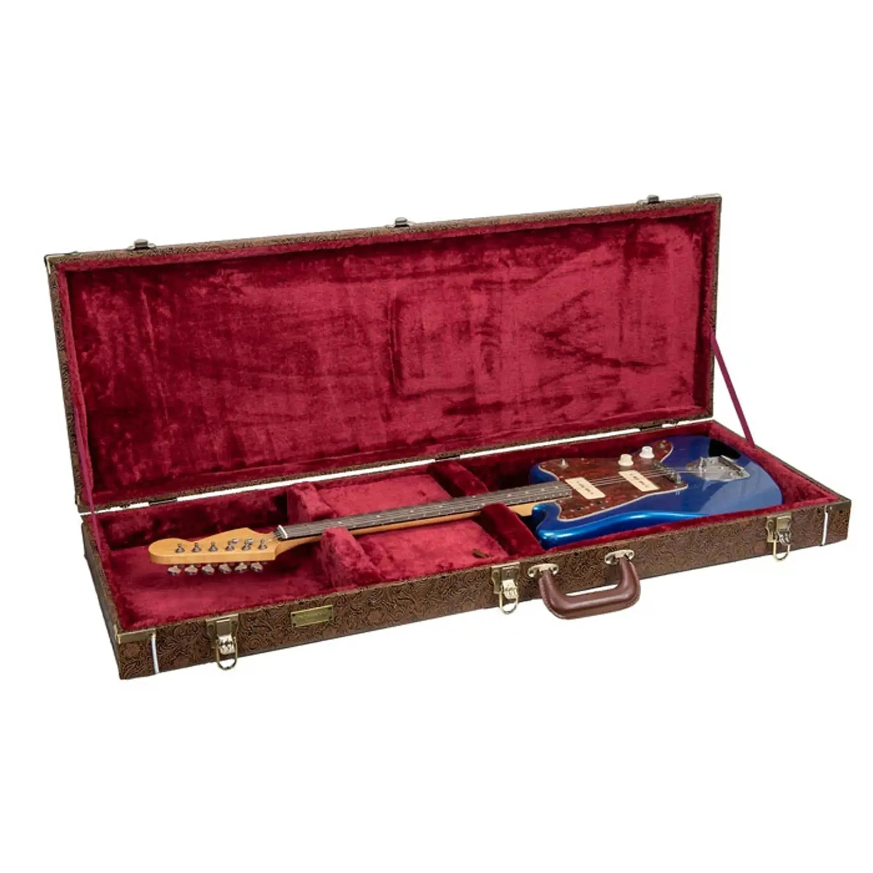 Crossrock CRW530JM Jazzmaster/Jaguar electric guitar case in blossom brown with red velvet interior, holding a blue guitar.